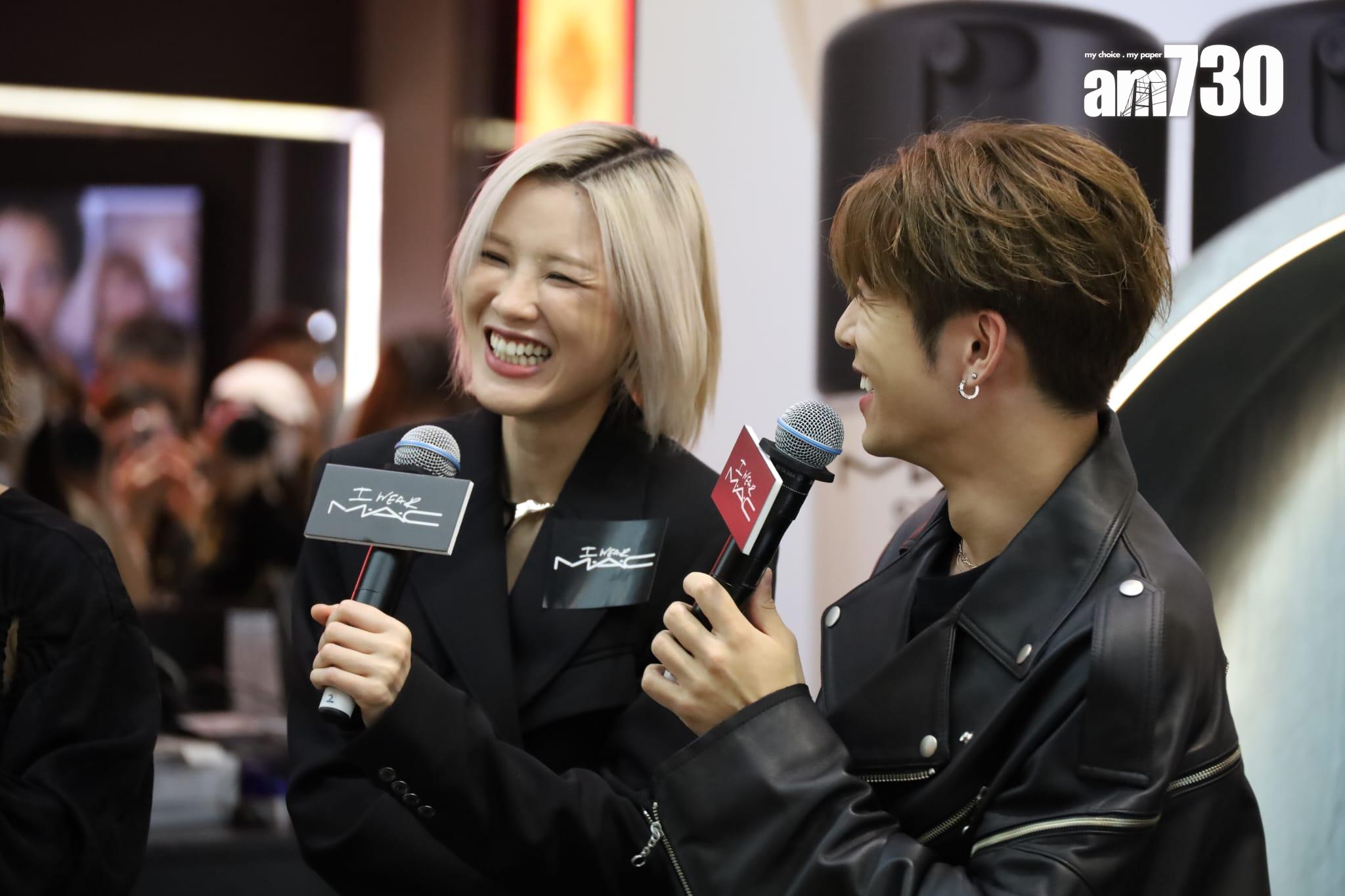 陳蕾、洪嘉豪今日同以黑Look出席化妝品活動。 (鍾式明攝)