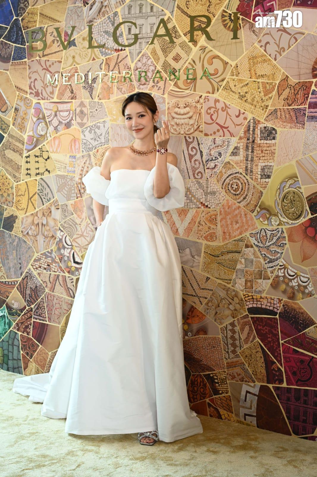 懷胎6月的倪晨曦穿低胸白色公主裙出席BVLGARI高級珠寶及腕錶系列新品發布會。(林奕釗攝)