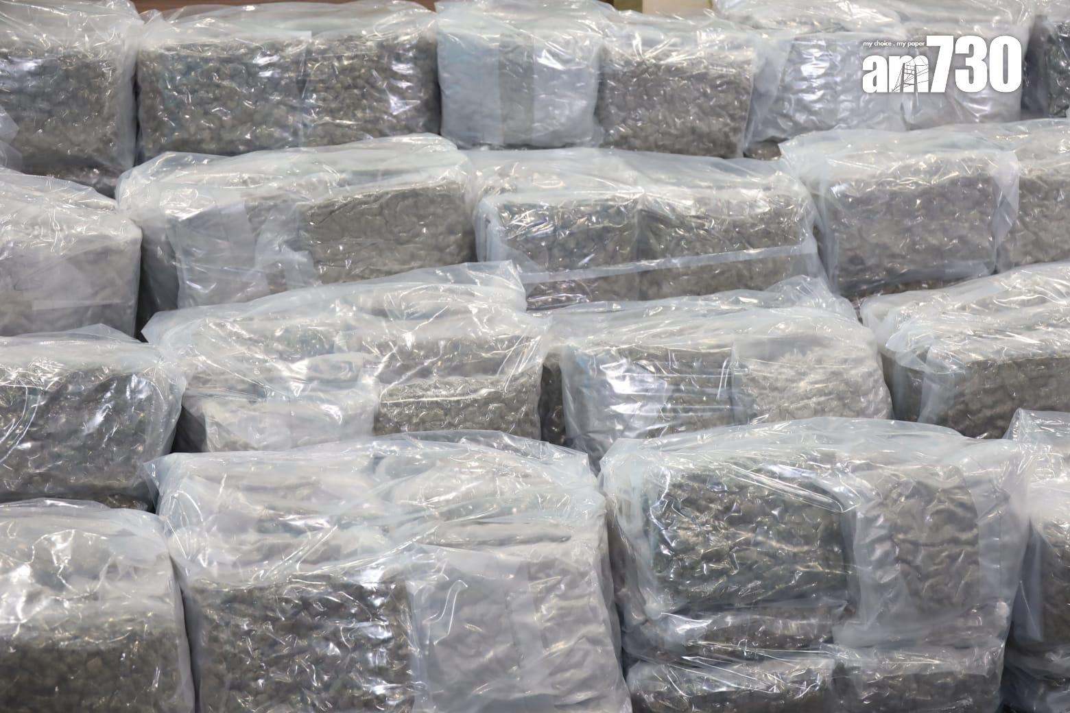 海關偵破有紀錄以來在市內破獲最大宗大麻花案件,在新界一個物流倉庫檢獲約570公斤大麻花,估計黑市價值約1.15億元,拘捕一名53歲本地男子。(鍾式明攝)