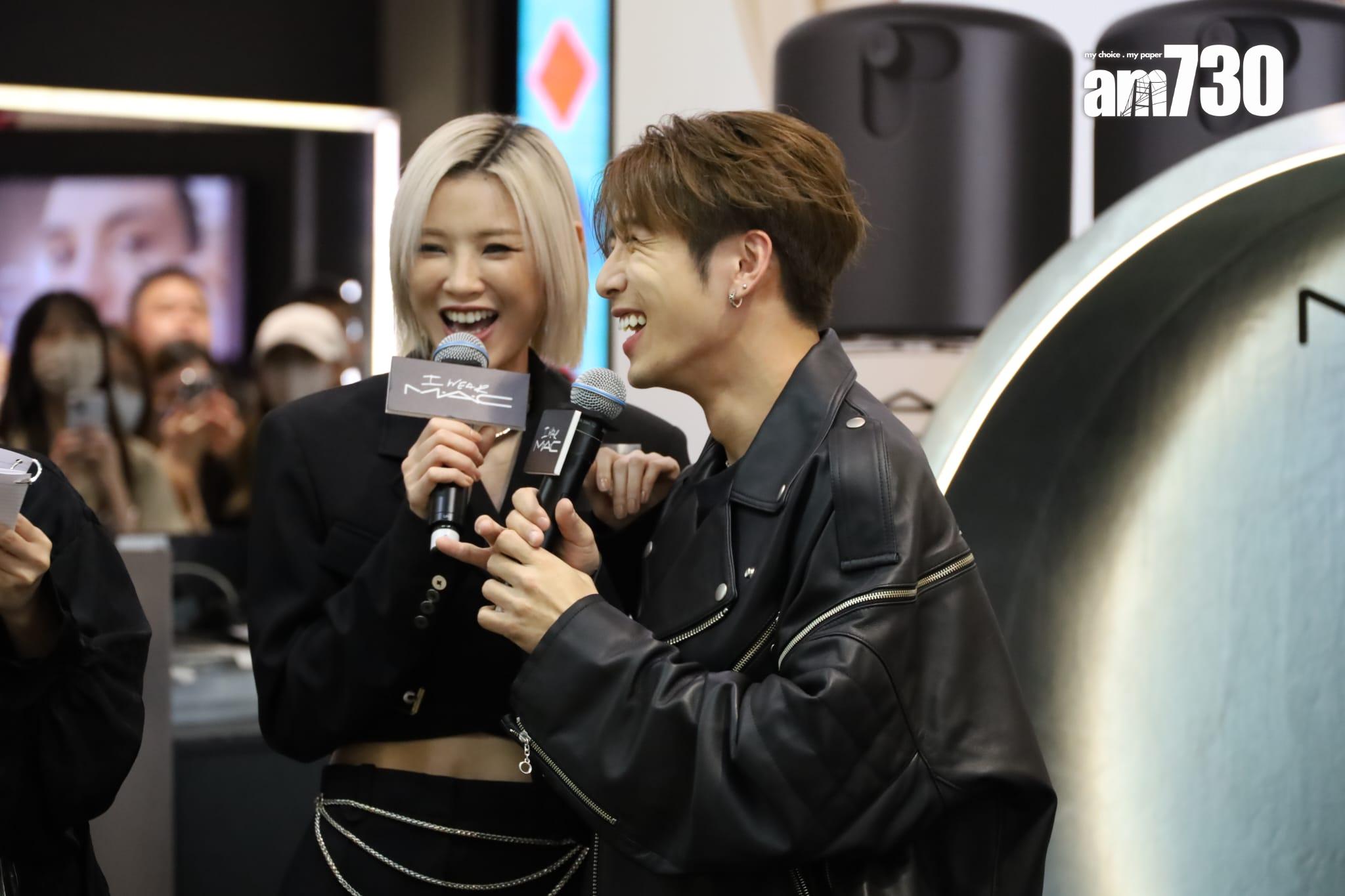 陳蕾、洪嘉豪今日同以黑Look出席化妝品活動。 (鍾式明攝)