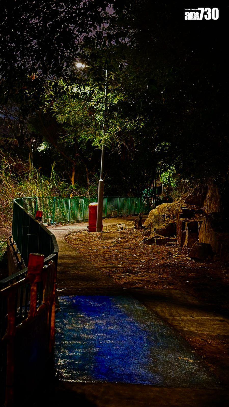 3月下旬時,將軍澳南灣畔徑夜光行人徑正進行測試,位置在兩支街燈間。(am730記者攝)