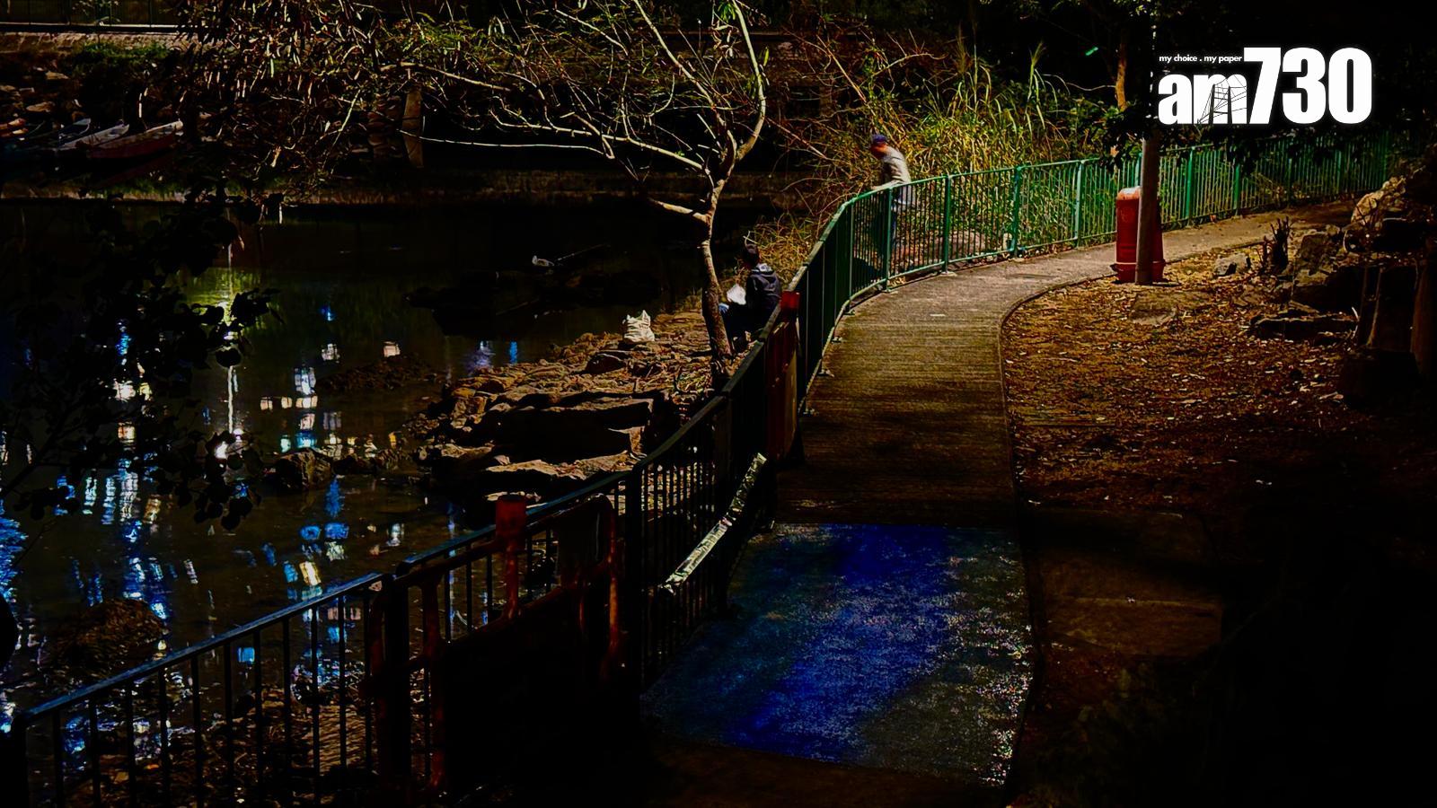 3月下旬時,將軍澳南灣畔徑夜光行人徑正進行測試,亮度與旁邊的坑渠蓋差不多。(am730記者攝)