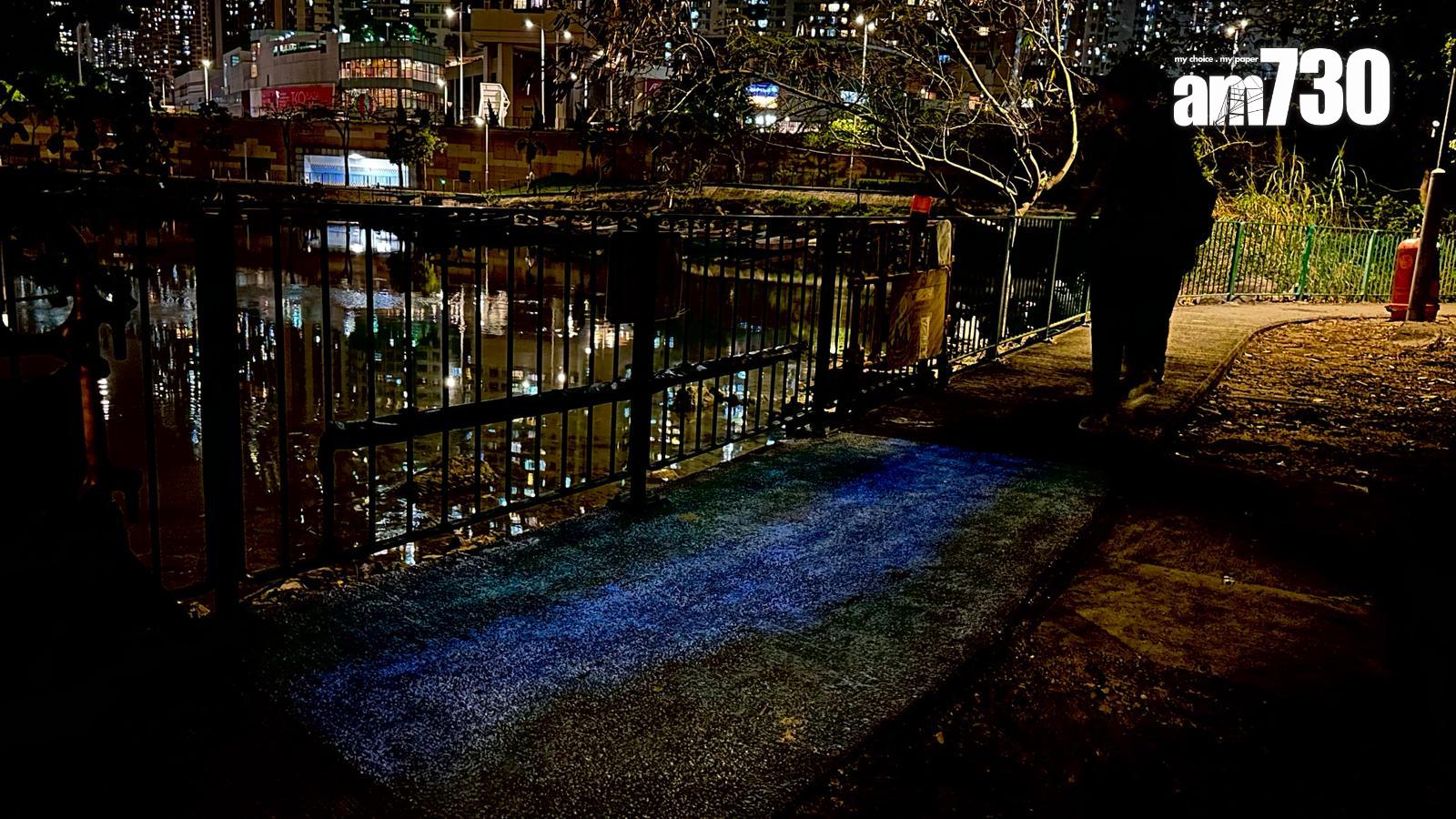 3月下旬時,將軍澳南灣畔徑夜光行人徑正進行測試,外面的燈光亮度明顯較夜光行人徑高。(am730記者攝)