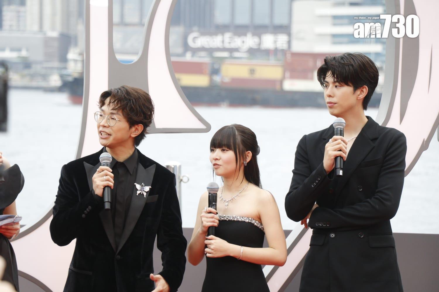 金像獎2024|《小薯茄》的程仁富、童童及朱Mic擔任紅地毯網上主持。(蘇文傑攝)