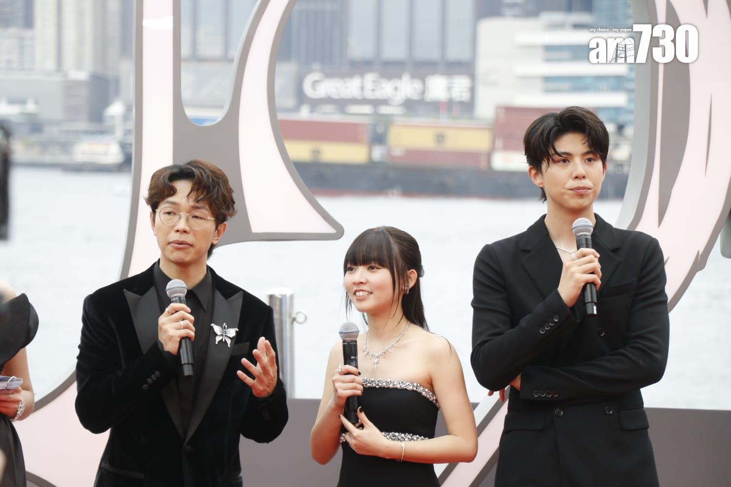 金像獎2024|《小薯茄》的程仁富、童童及朱Mic擔任紅地毯網上主持。(蘇文傑攝)