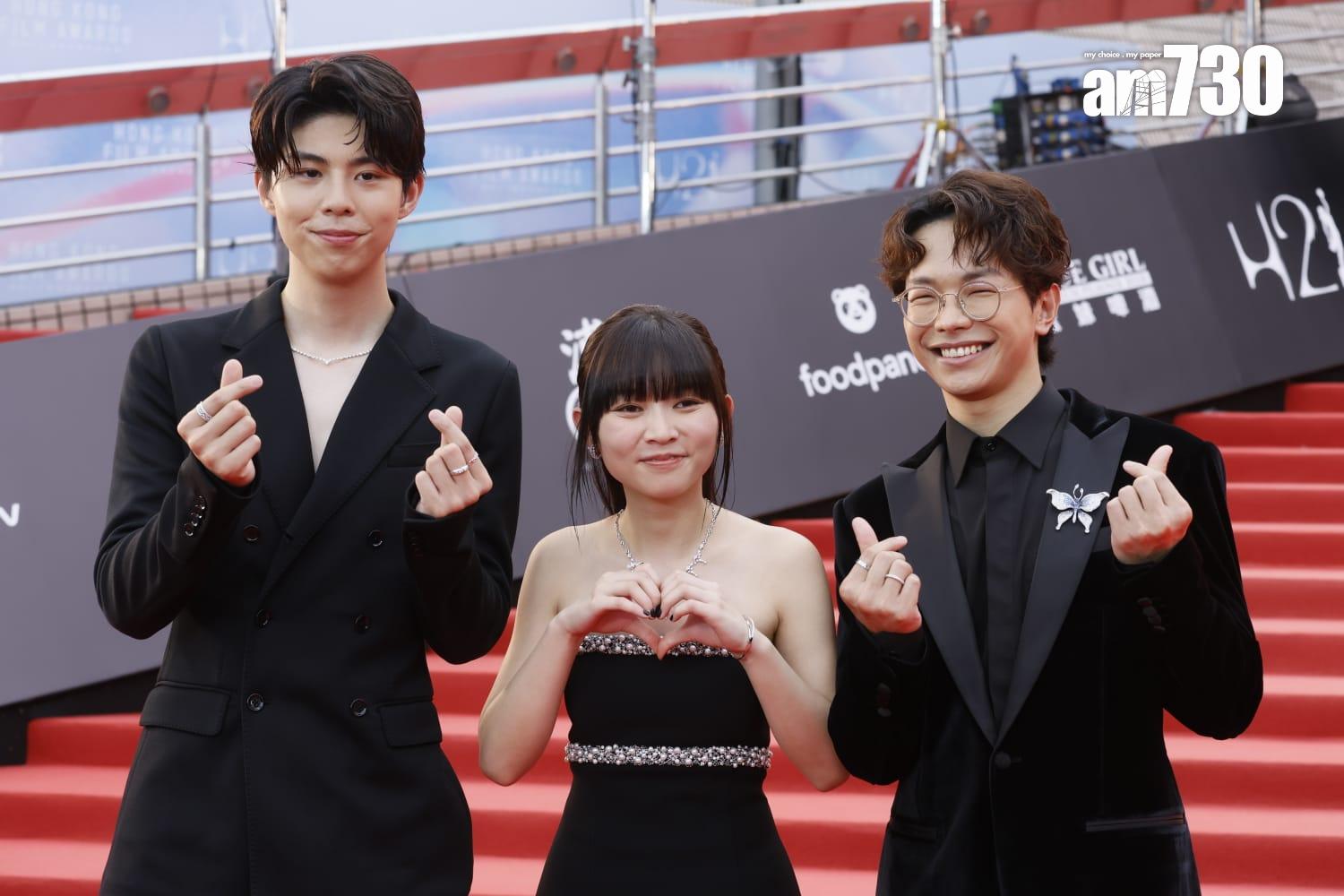 金像獎2024|《小薯茄》的程仁富、童童及朱Mic擔任紅地毯網上主持。(蘇文傑攝)