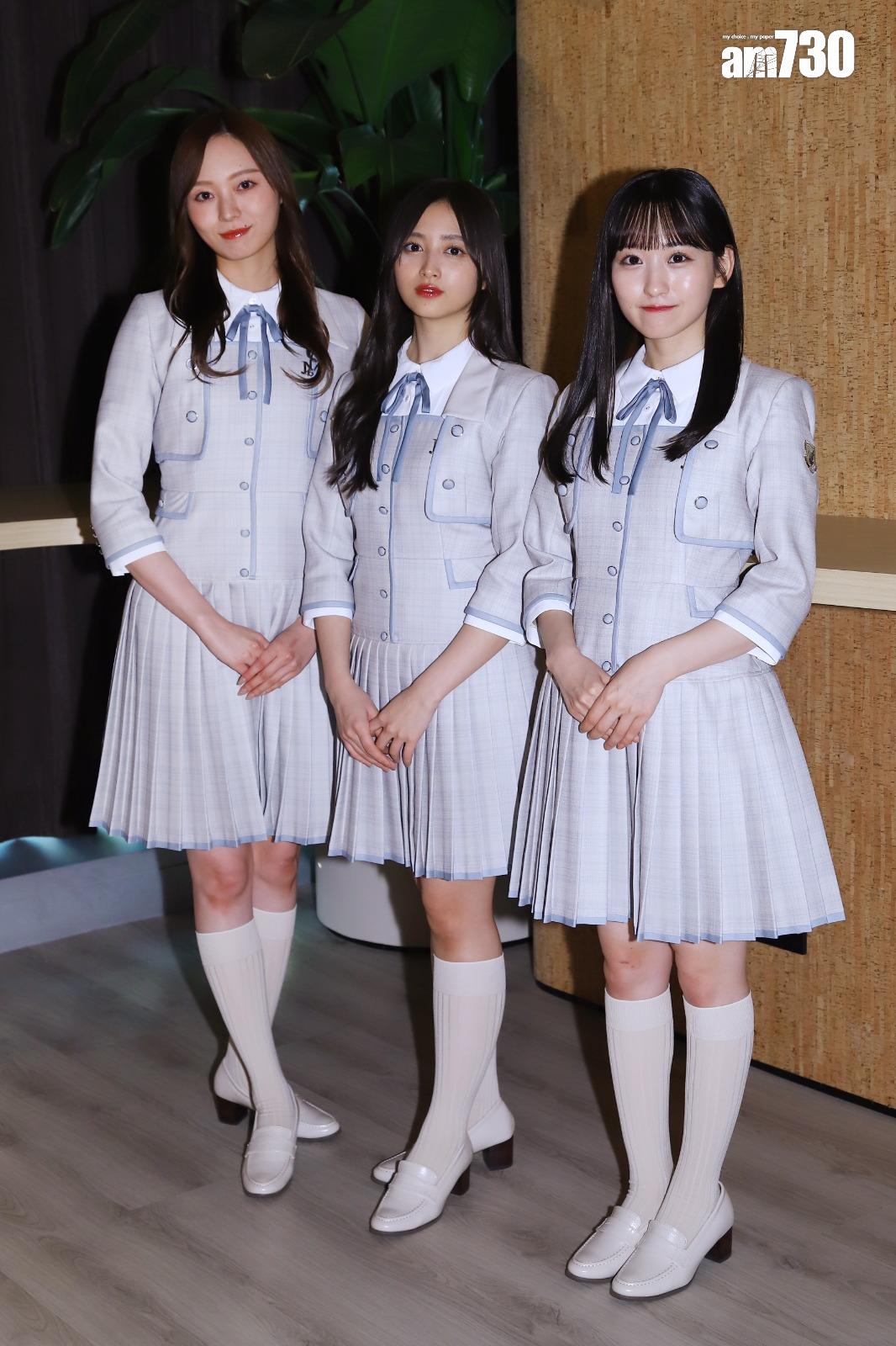 左起:乃木坂46人氣成員梅澤美波、井上和、一之瀨美空,近日抵港宣傳下月的香港演唱會。 (羅錦鴻攝)