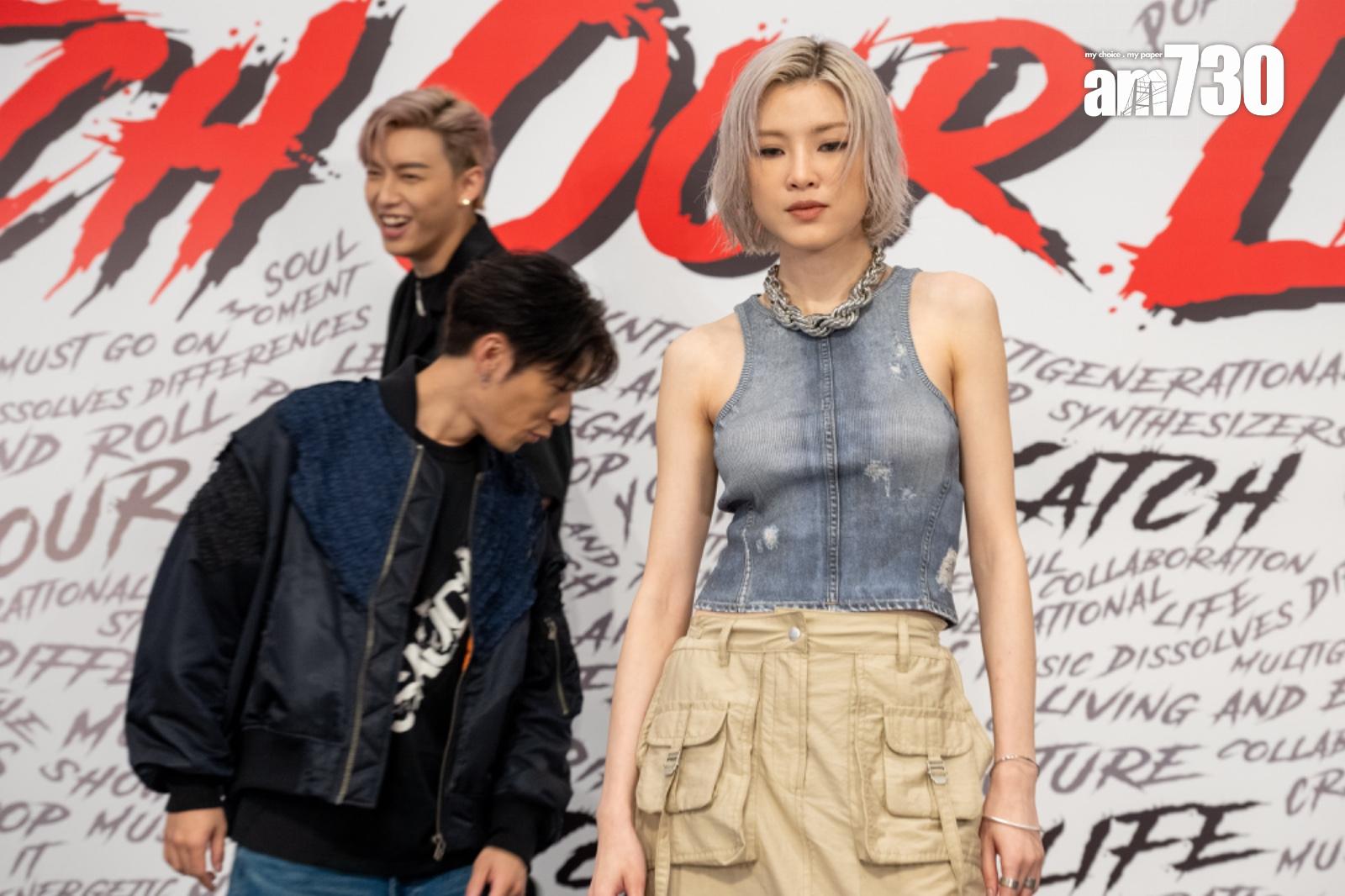 陳蕾於沙田出席《Katch Our Life》記者會,拍照期間MC和Kaho亂入。(陳奕釗攝)