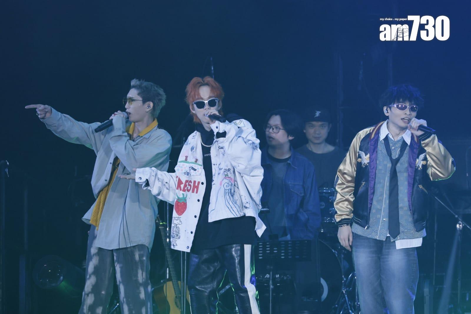 「無悔三兄」Lokman、Alton和Dee哥在《Katch the POP》音樂會合唱唱新歌。(蘇文傑攝)