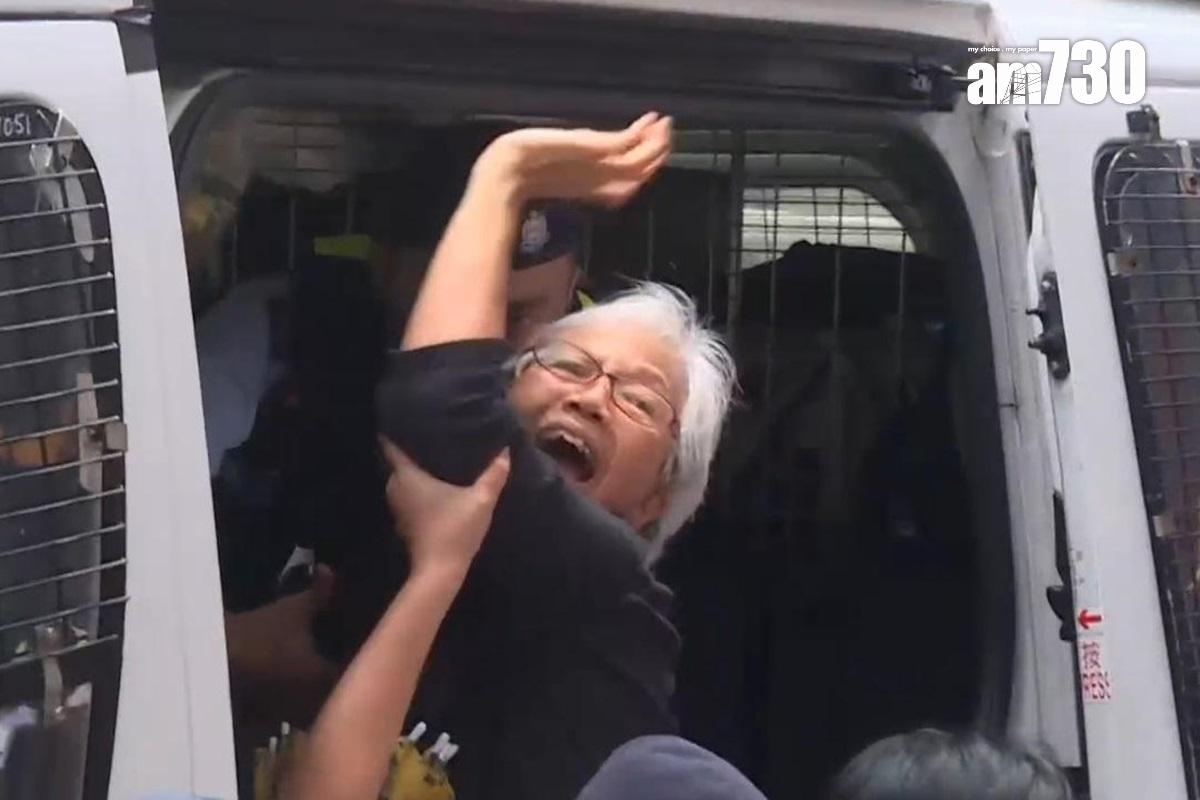 「王婆婆」被帶上警車。(電視截圖)