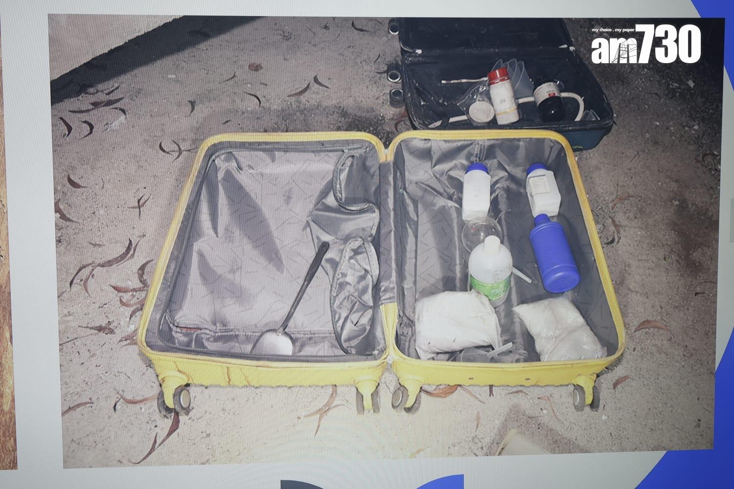 部分製作爆炸品的物品擺放在行李箱內。(林源俊攝)