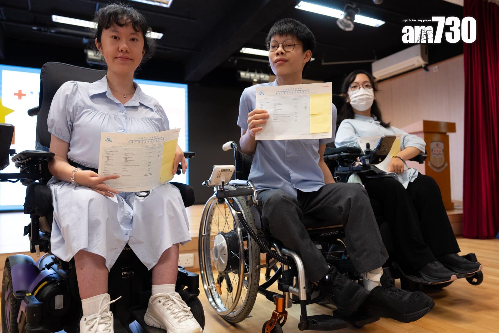 香港紅十字會雅麗珊郡主學校3人榮獲佳績,邱穎宜(左)最佳五科取得共20分;彭靖家(中)及賴君怡(右)最佳五科共取得25分。(林靄怡攝)