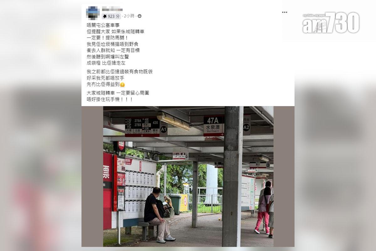有網民提醒街坊在城門隧道轉車站要小心財物被猴子搶去。(FB群組「屯門公路塞車關注組」截圖)
