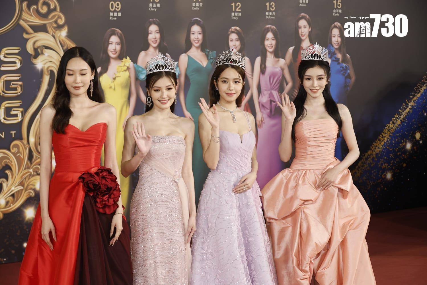 香港小姐2024紅地毯直擊!上屆得獎佳麗︰友誼小姐姜依宁、亞軍王怡然、冠軍莊子璇及季軍王敏慈。(蘇文傑攝)