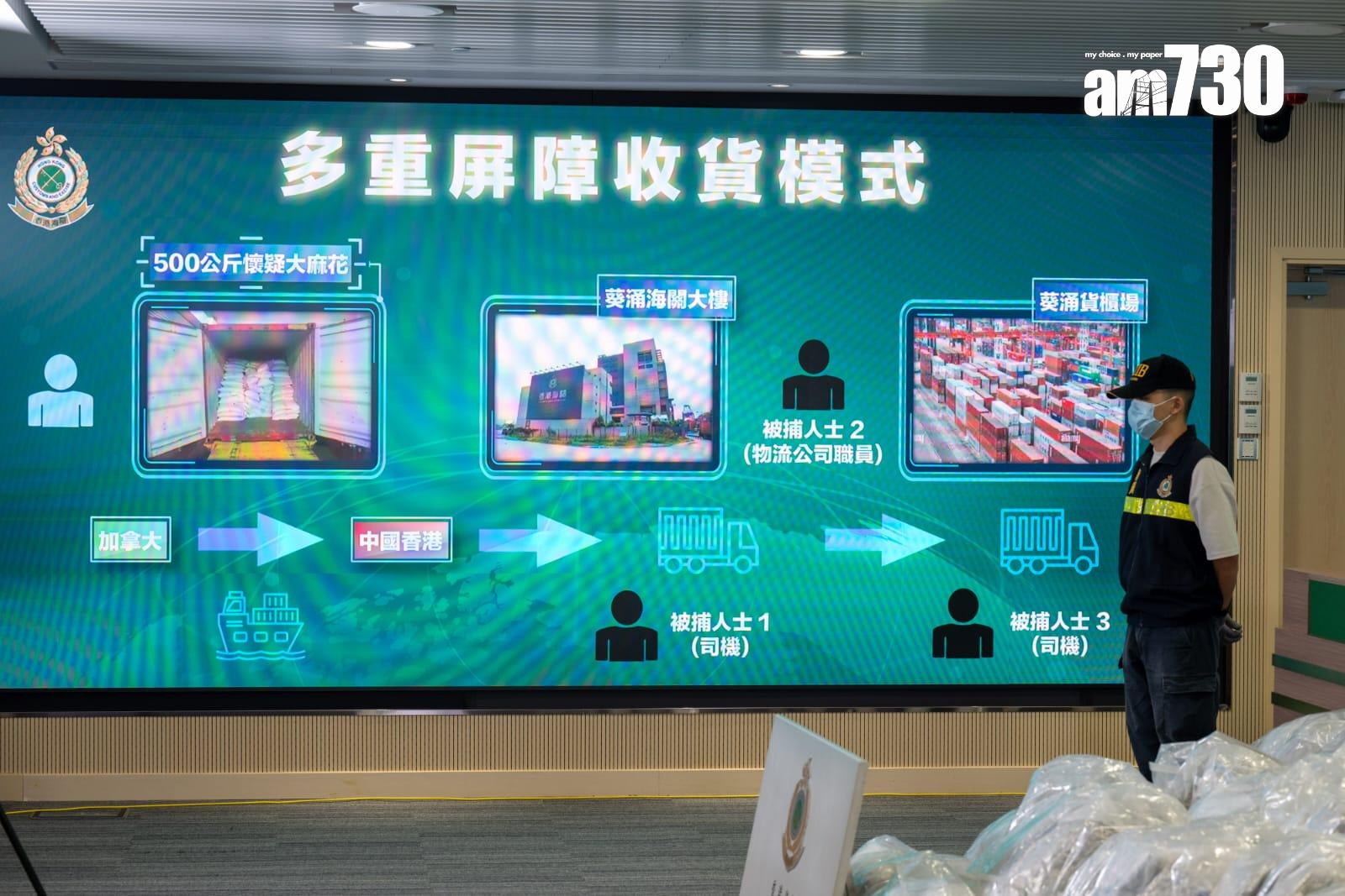 加拿大來港報稱運載黃豆貨櫃,海關檢市值1.3億元懷疑大麻花。(陳奕釗攝)