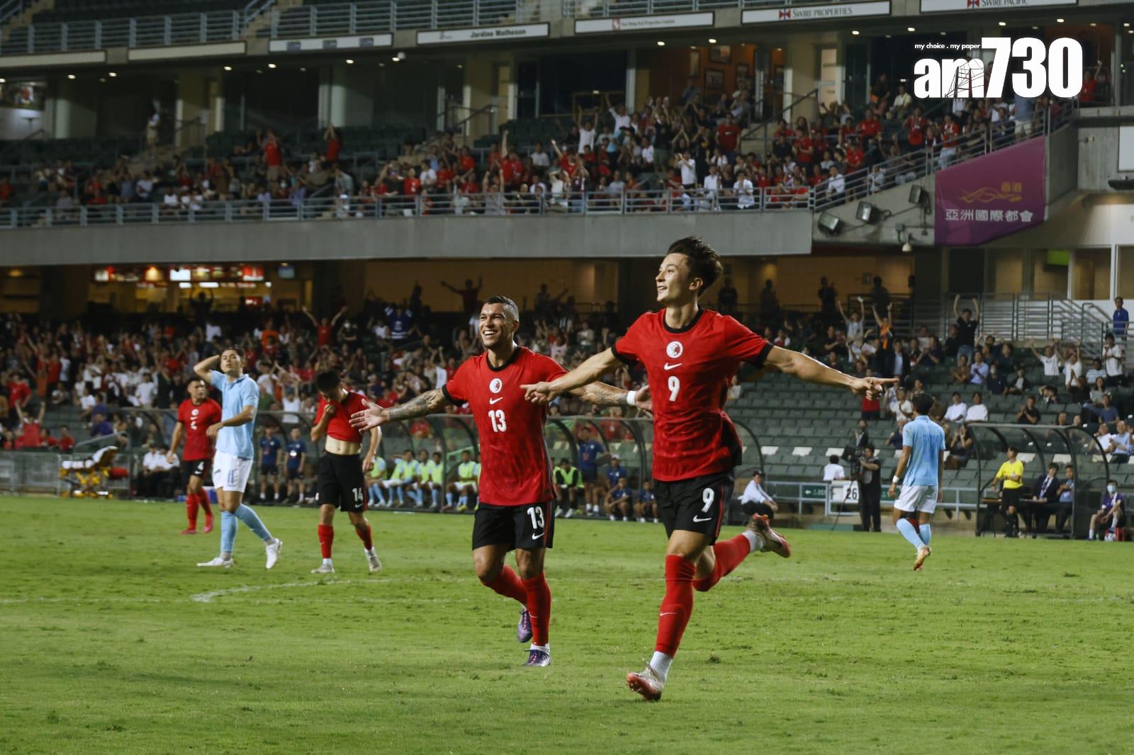 香港主場對柬埔寨的國際友賽在香港大球場舉行,安永佳及艾華頓上半場各入一球。(林俊源攝)