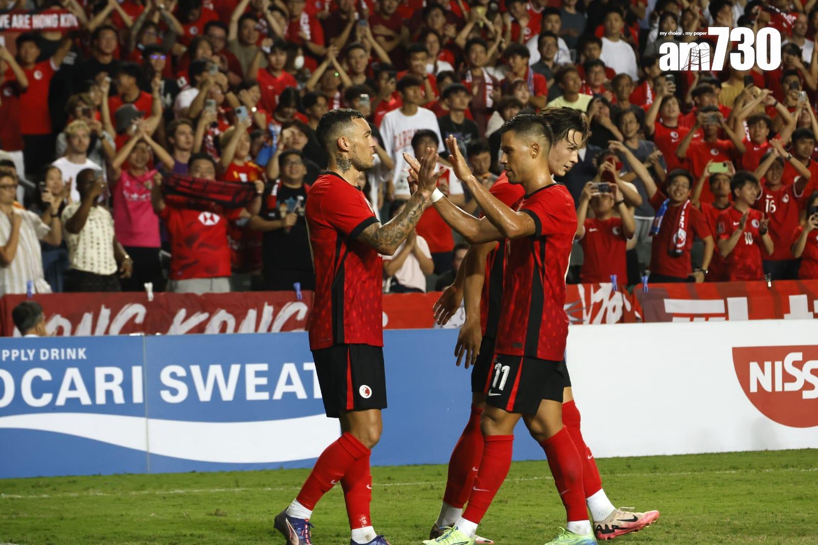 香港主場對柬埔寨的國際友賽在香港大球場舉行,安永佳及艾華頓上半場各入一球。(林俊源攝)