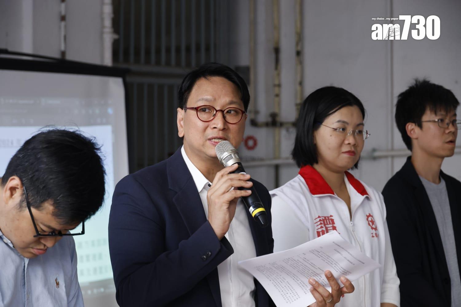 工聯會立法會議員鄧家彪(左二)和黃大仙團隊莫健榮、丘燿誠和譚美普區議員及居民代表,回應重建計劃。(林俊源攝)