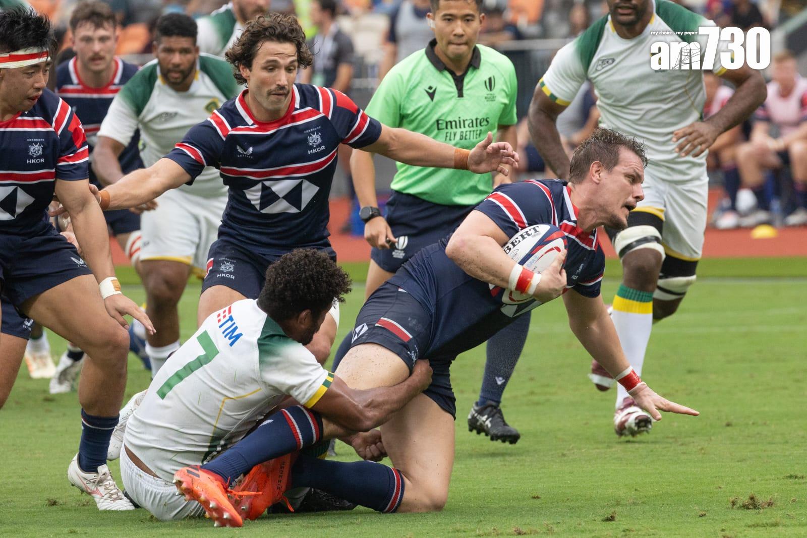 啟德體育園今日進行第二場欖球測試賽,由香港男子15人欖球代表隊對戰巴西隊。(蘇文傑攝)