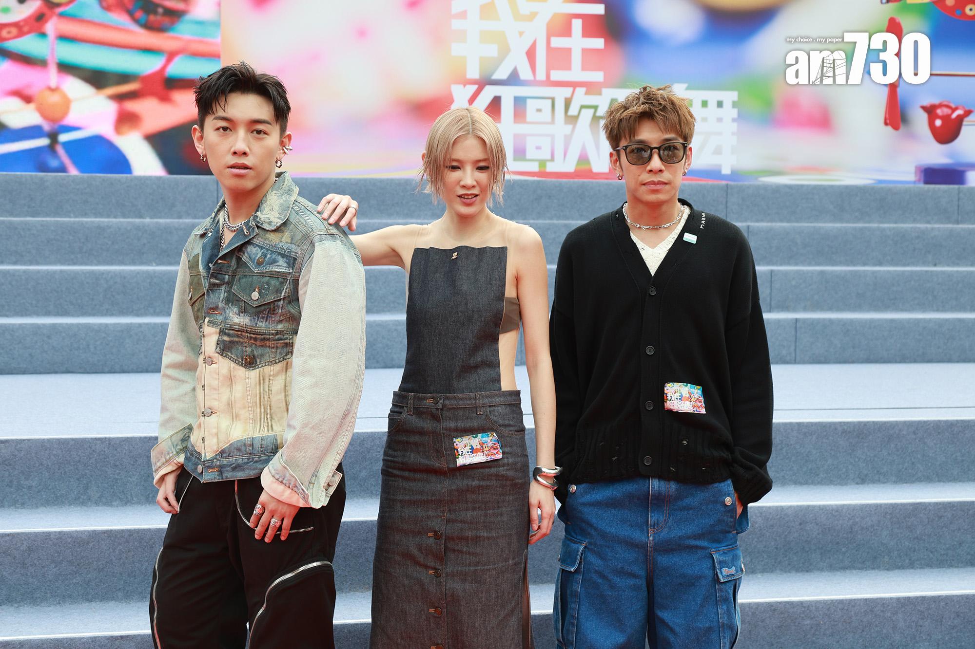 MC張天賦、陳蕾和洪嘉豪出席「2024年度叱咤樂壇流行榜頒獎典禮」記者會。(羅錦鴻攝)