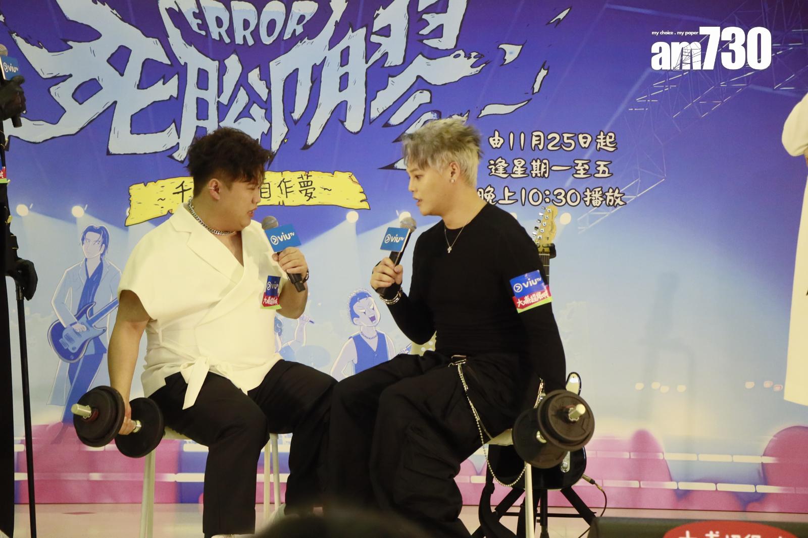 肥仔與保錡即場鬥舉啞鈴。(娛樂組攝)