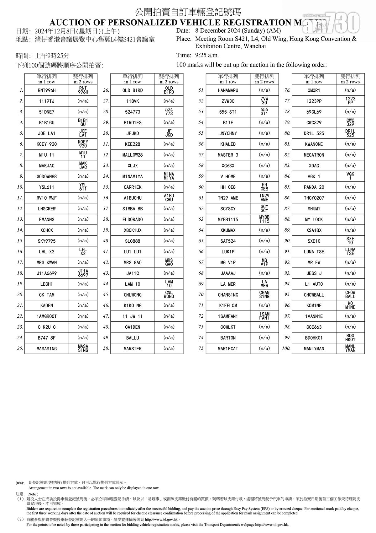 新一期自訂車牌拍賣名單。(運輸署文件截圖)