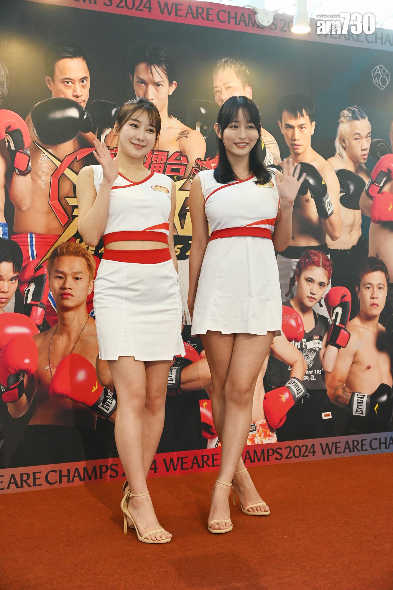 日本寫真女星新海まき(左)、天野ちよ(右)來港出任拳賽女郎。 (娛樂組攝)