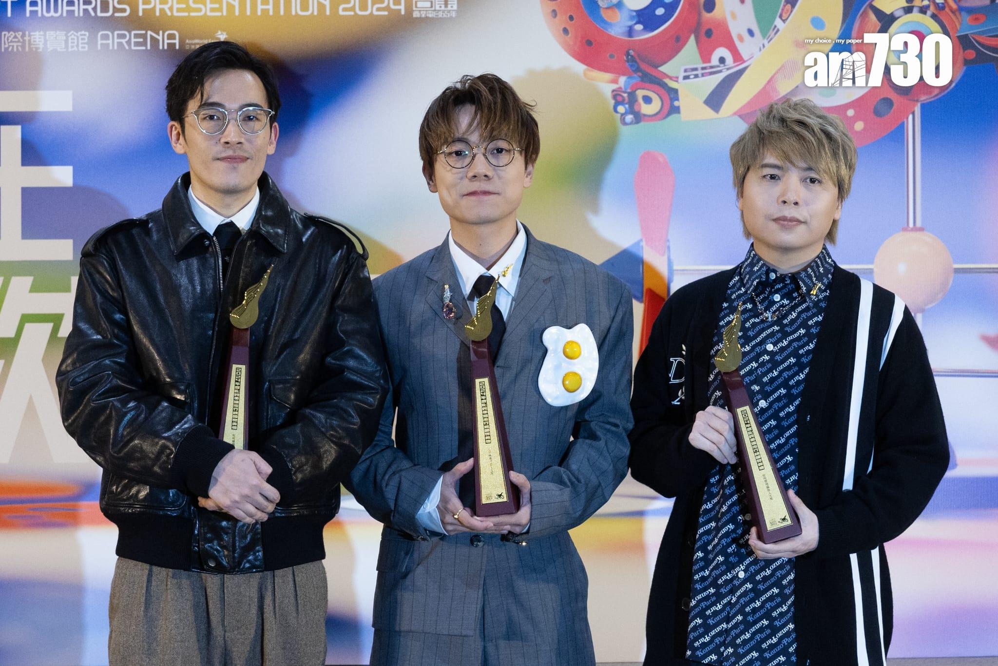 叱咤樂壇作曲人大獎林家謙、編曲人大獎黃兆銘(右)和監製大獎陳考威(左)。(蘇文傑攝)