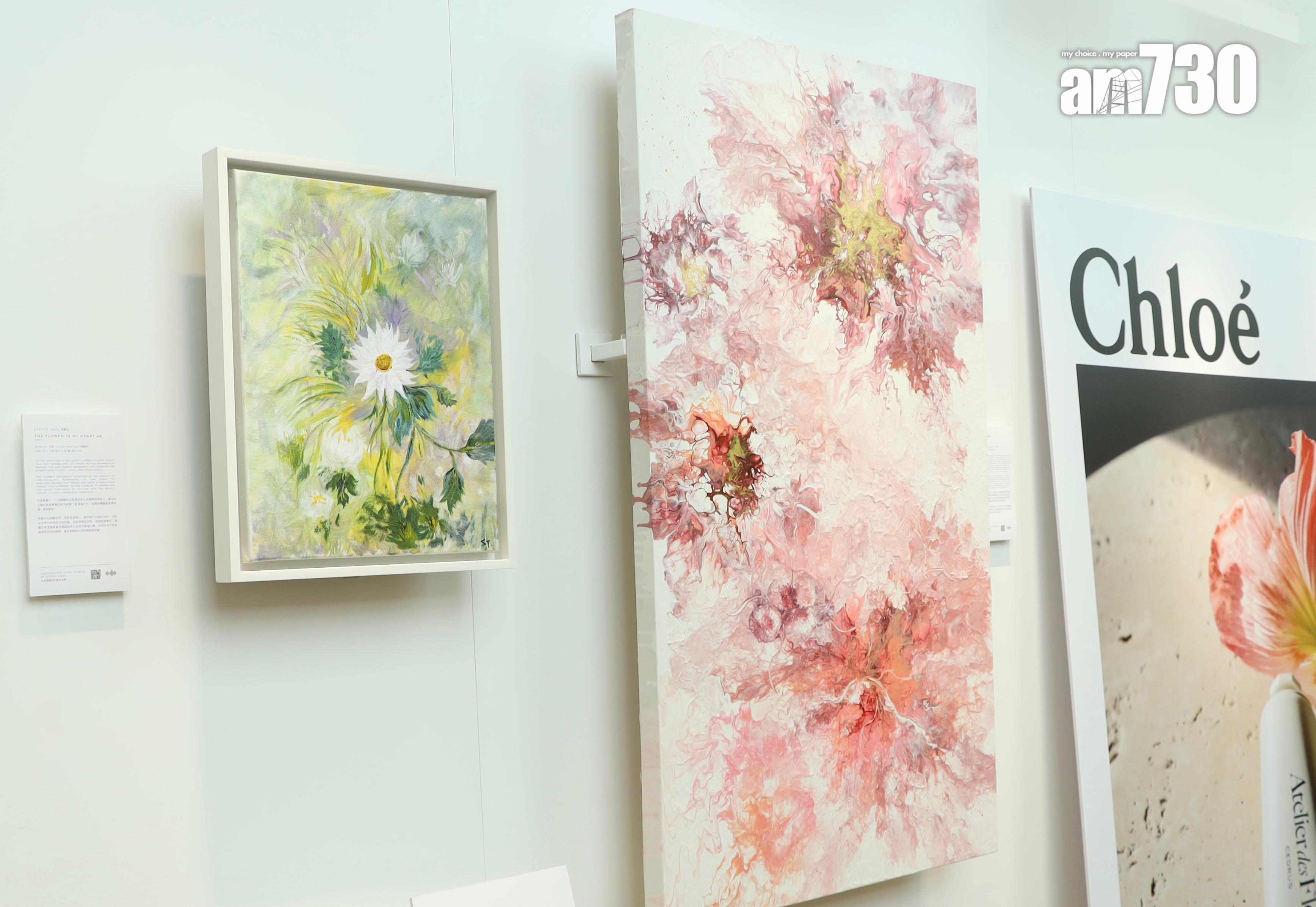 鄧麗欣今日展出兩幅油畫《心花》及《春》。 (娛樂組攝)