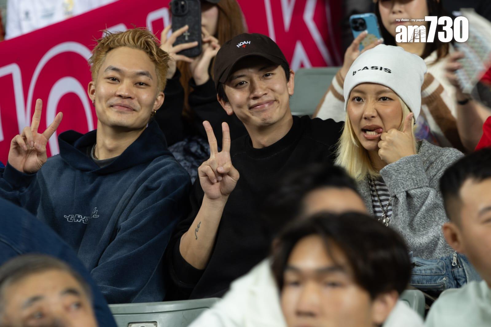 Marf與Locker及胡子彤入場睇波。(蘇文傑攝)