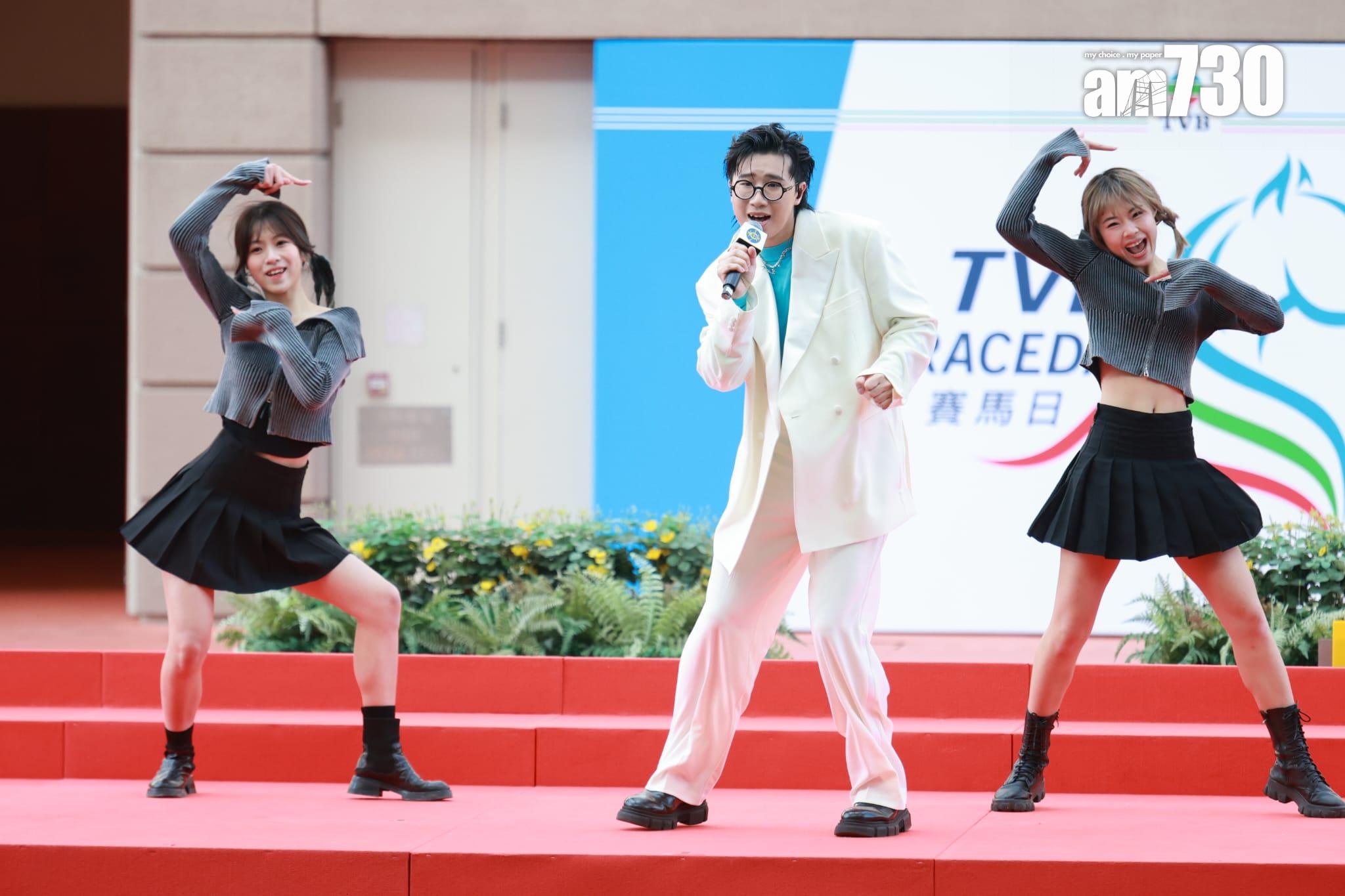 姚焯菲、林智樂及鍾柔美擔任「TVB賽馬日」開幕嘉賓。(羅錦鴻攝)