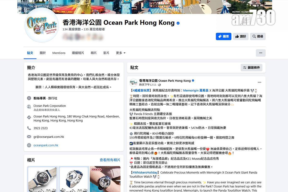 海洋公園日前宣傳大熊貓陀飛輪手錶。(海洋公園FB截圖)