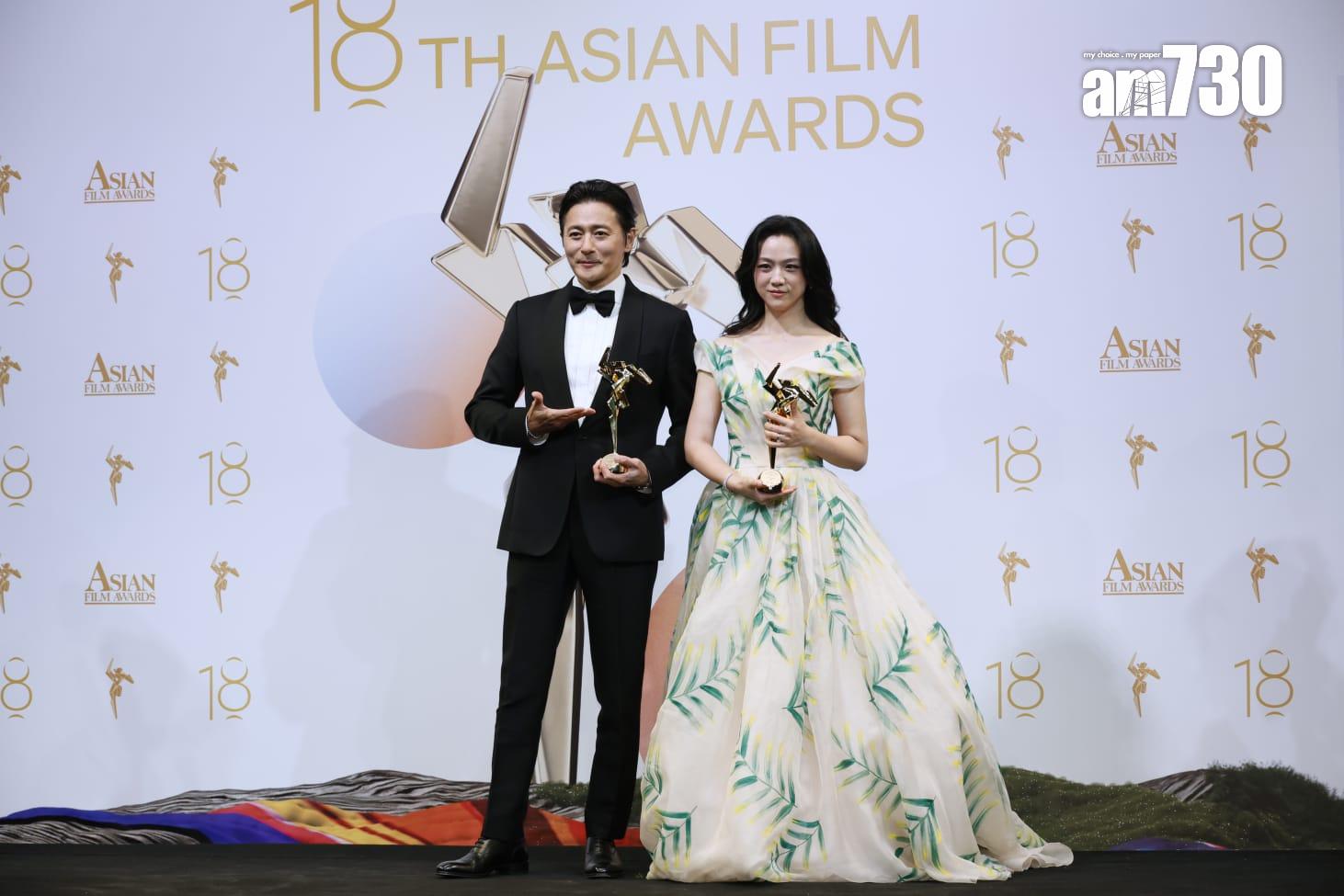 湯唯和張東健同獲卓越亞洲電影人大獎。(林俊源攝)