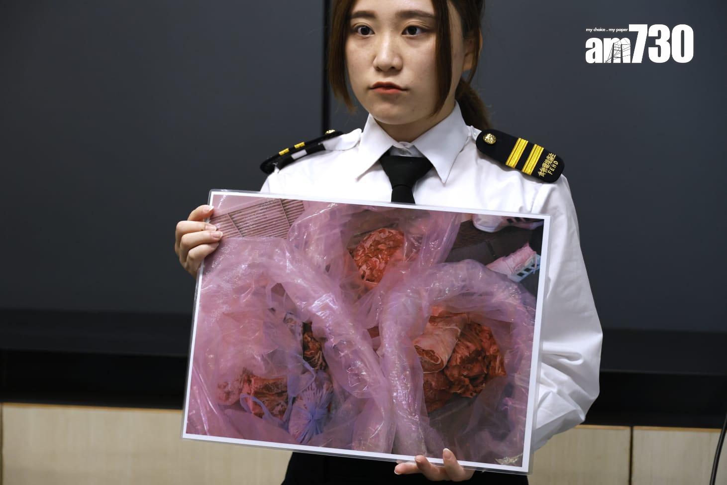 葵涌將軍澳兩肉檔冷藏牛肉扮新鮮肉,食環署銷毀封存303公斤貨。(林俊源攝)