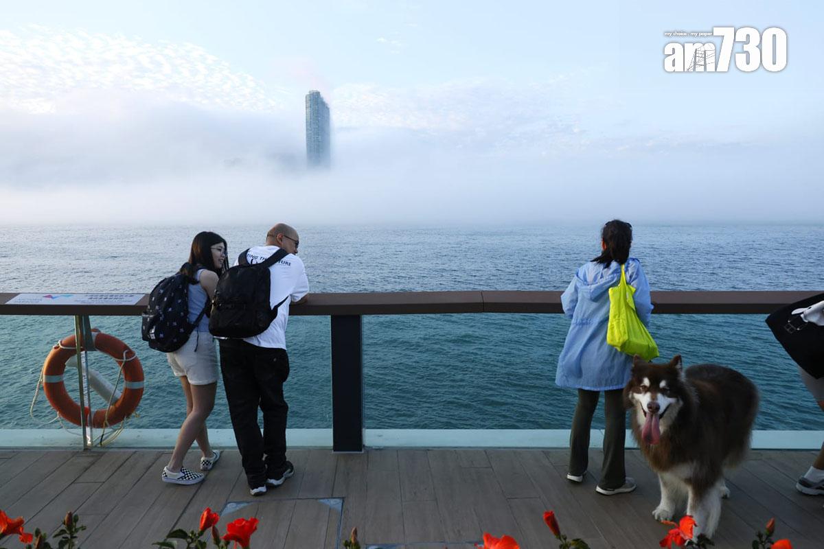 維多利亞港今日有海霧升起,建築物和船隻若隱若現。(林俊源攝)