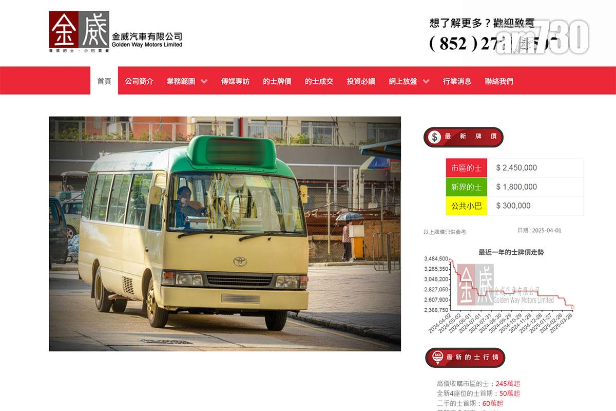 有車行報價指,昨日公共小巴牌價為30萬元。(車行網站截圖)
