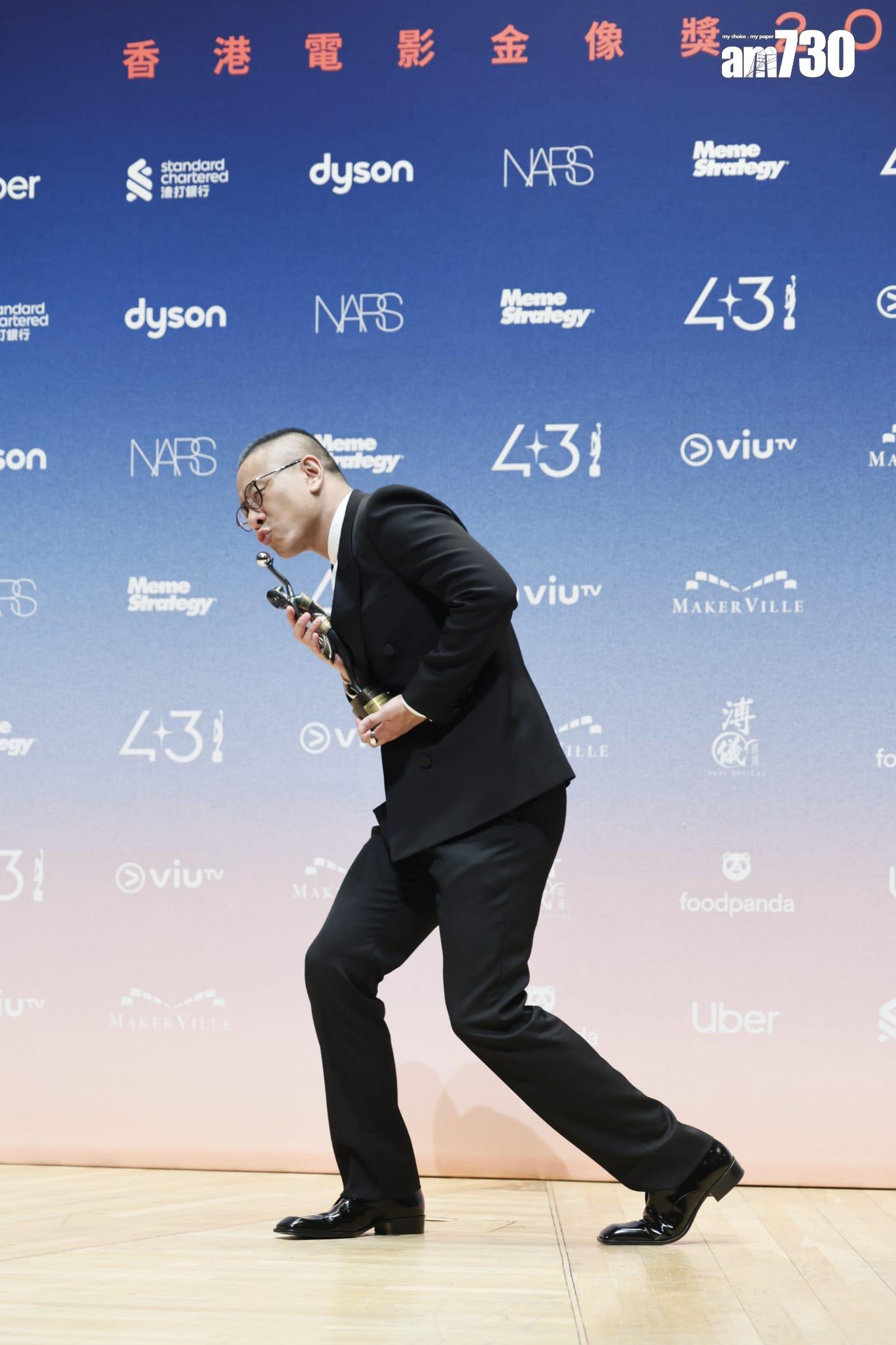 朱栢康憑《破.地獄》首奪男配角獎,吹色士風式肉緊咀爆獎座。(蘇文傑攝)