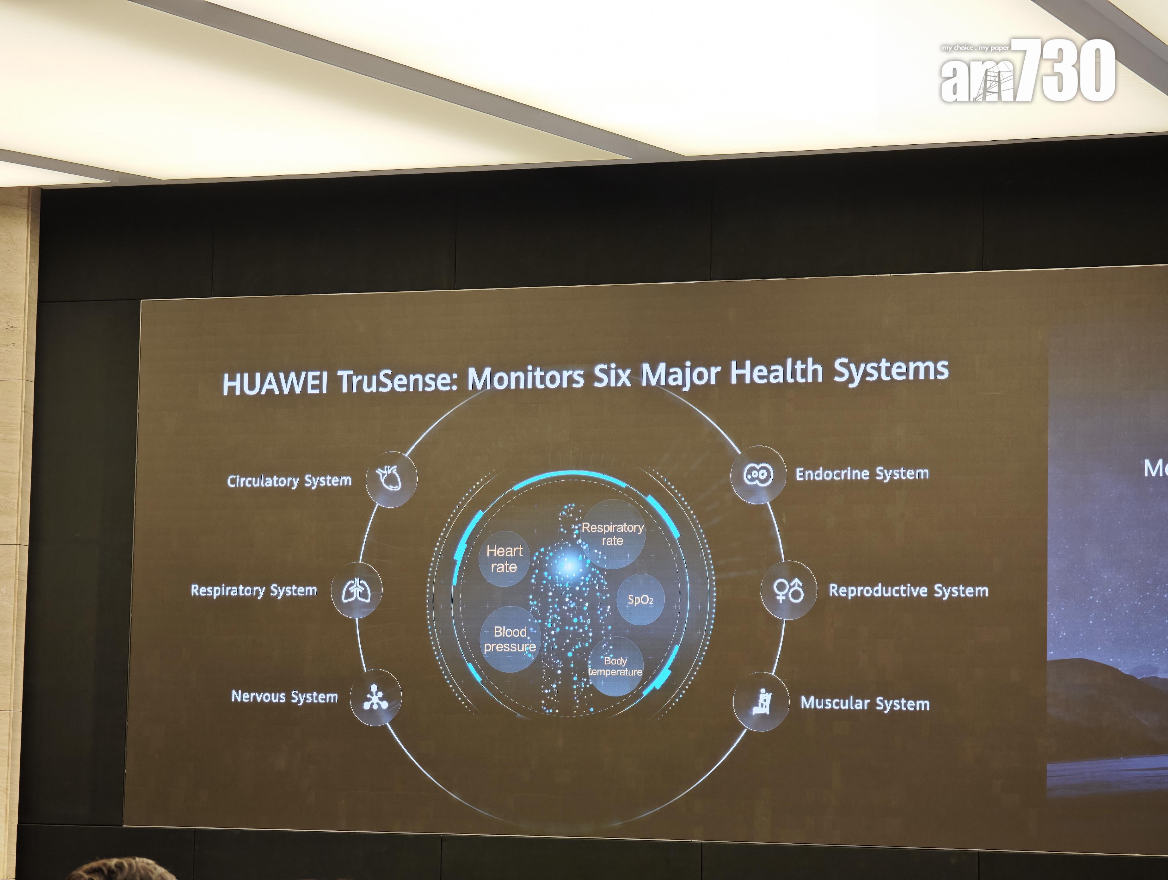 HUAWEI TruSense可監測六大主要健康系統,包括循環系統、呼吸系統、神經系統、內分泌、生殖系統以及肌肉狀況。