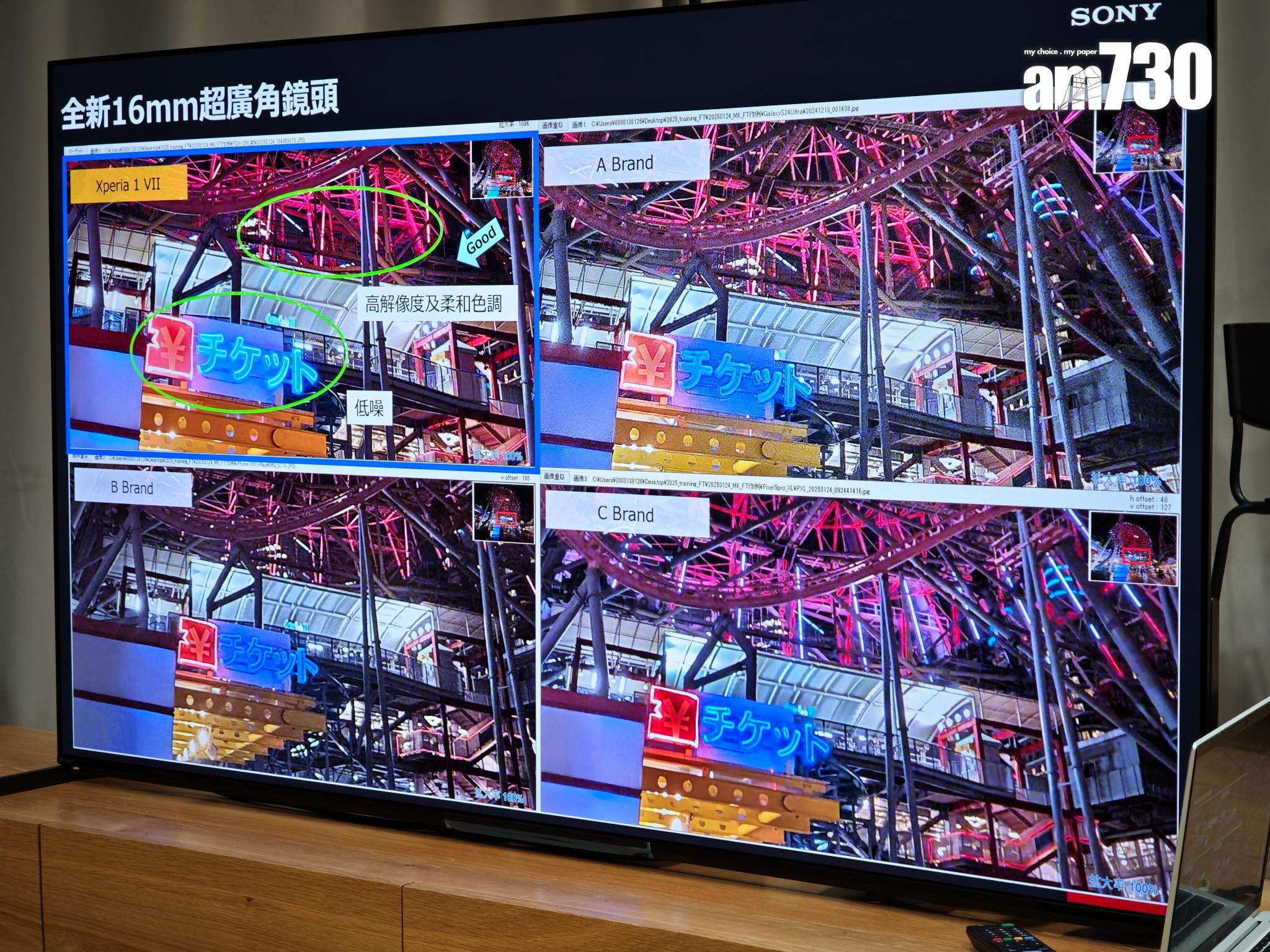 Sony Xperia 1 VII廣角鏡夜攝效果與其他品牌比較。