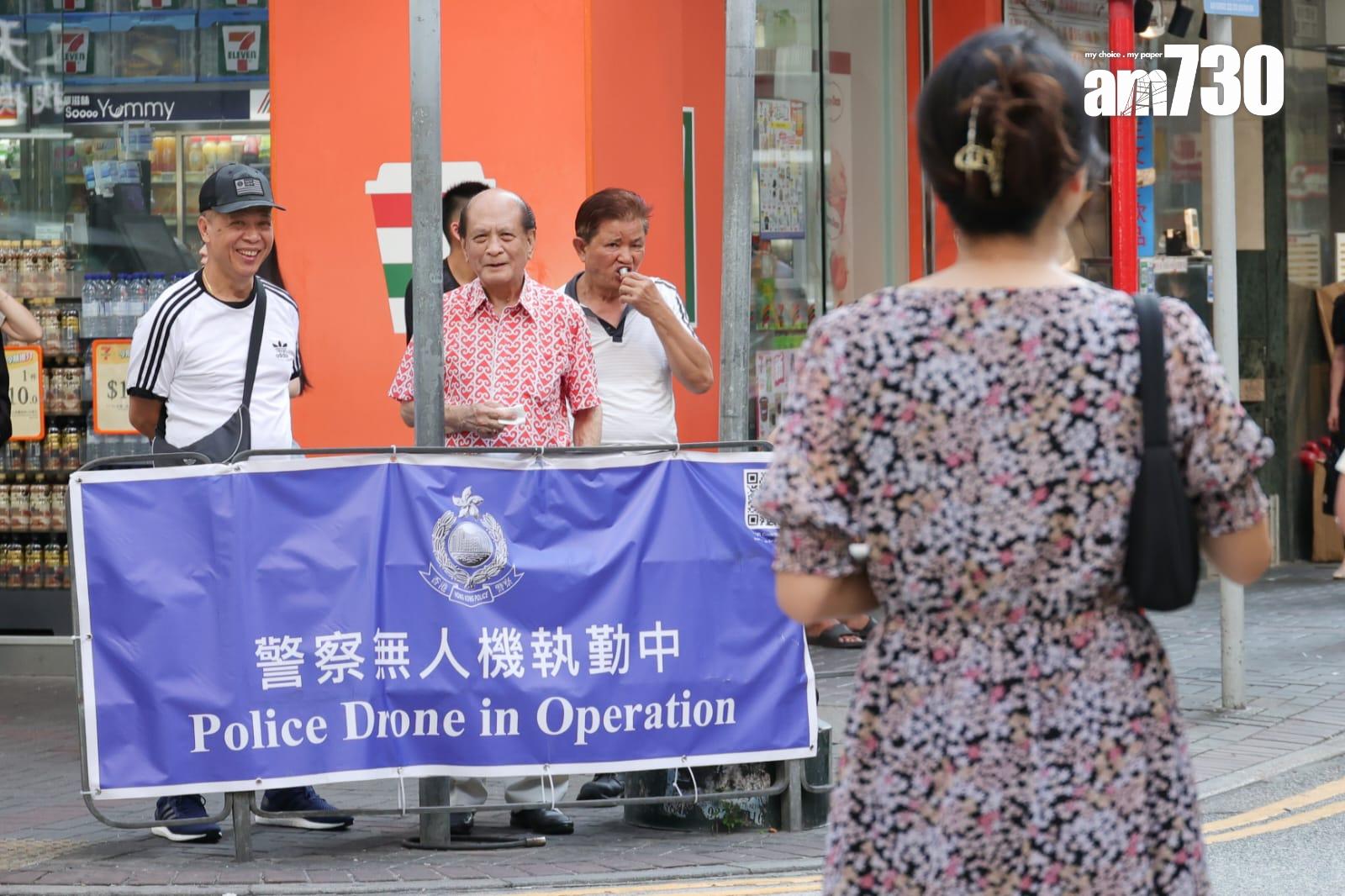 警方無人機油麻地巡邏,遇罪案或調低飛行高度搜證。(吳康琦攝)