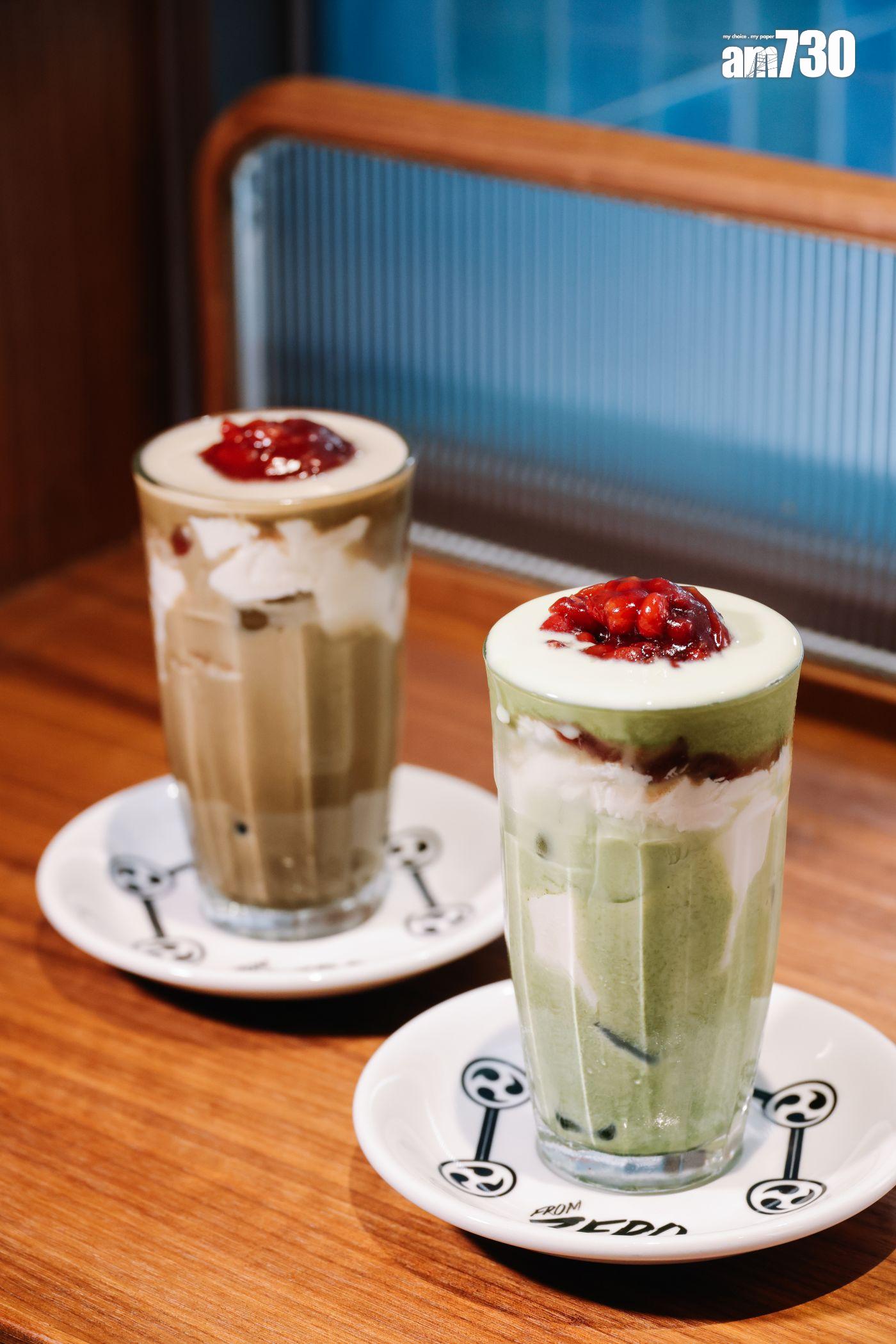 抹茶紅豆啜啜豆腐花、焙茶紅豆啜啜豆腐花(惠顧套餐另加$25) 加入滑溜的維他奶山水有機豆腐花及飽滿濃甜的北海道十勝紅豆。(吳康琦攝)