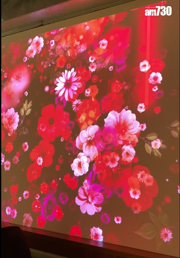 記者坐在三張散枱的座位區,全程觀賞牆身投映花花動畫。(記者Reels截圖)
