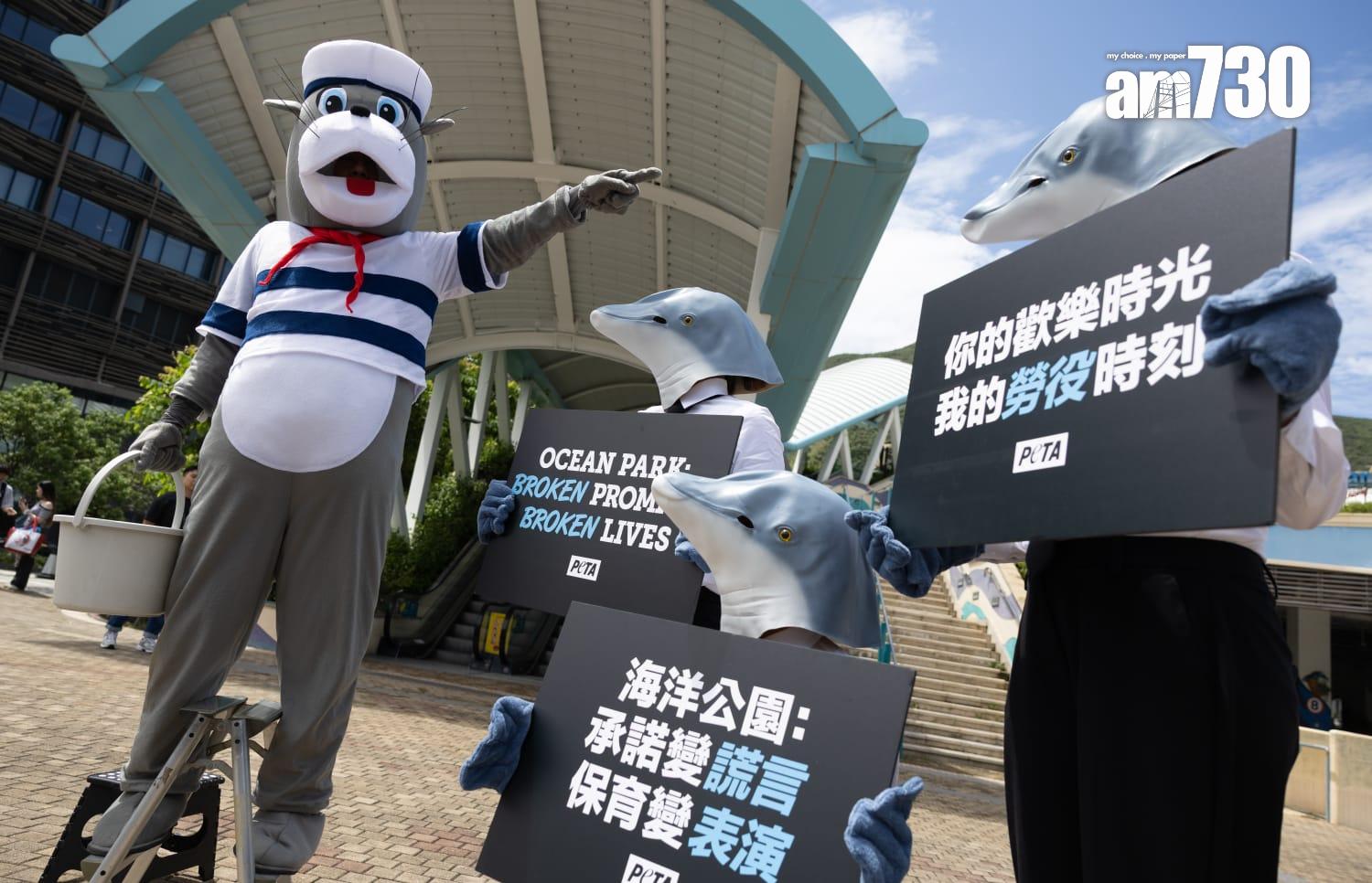 海洋公園外「海豚」集結,聲討園方違反承諾重辦海豚表演(蘇文傑攝)