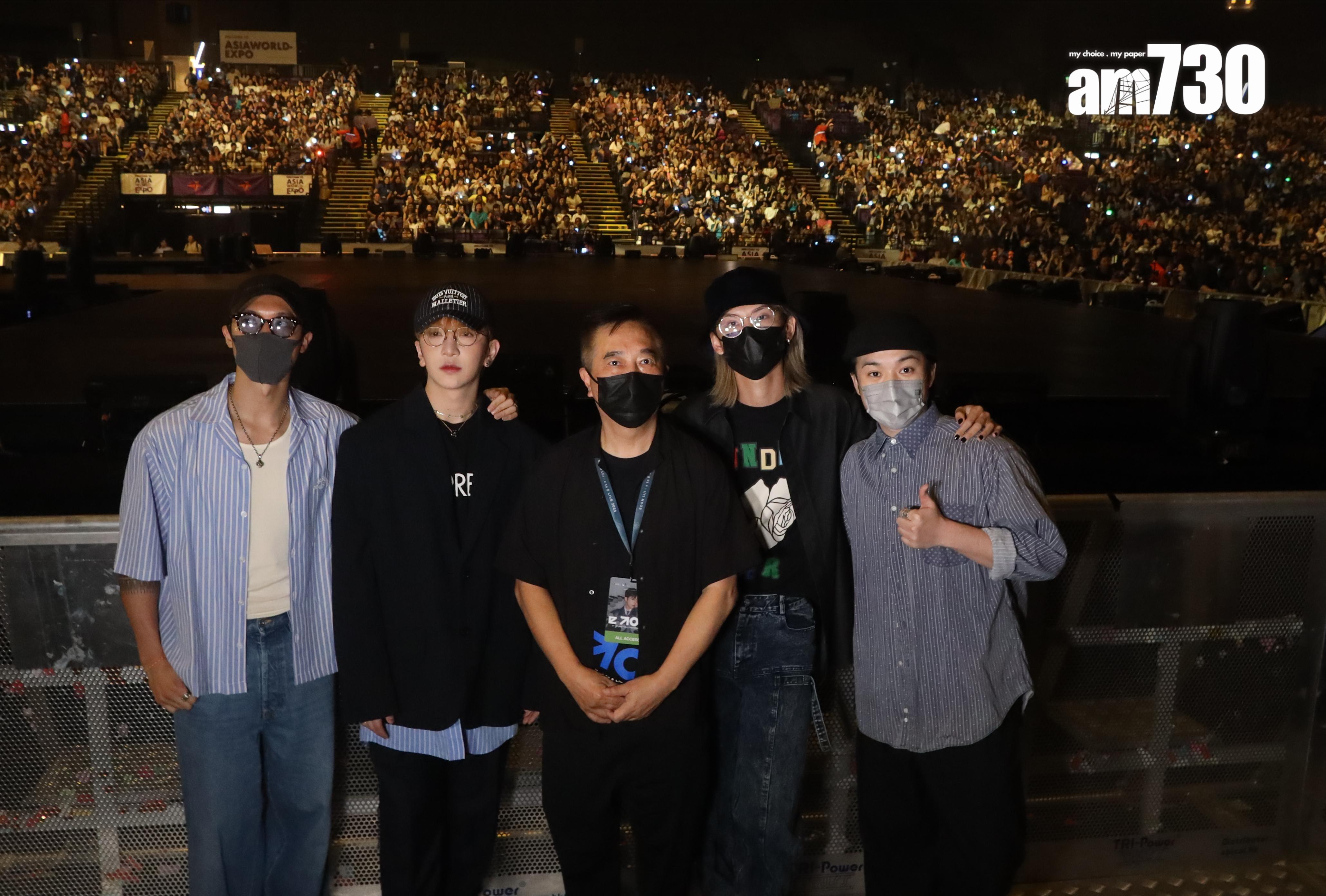 MakerVille新任CEO金廣誠與「生日群組」的盧瀚霆(Anson Lo)、柳應廷(Jer)、李駿傑(Jeremy)和邱士縉(Stanley)齊齊入場支持Edan。