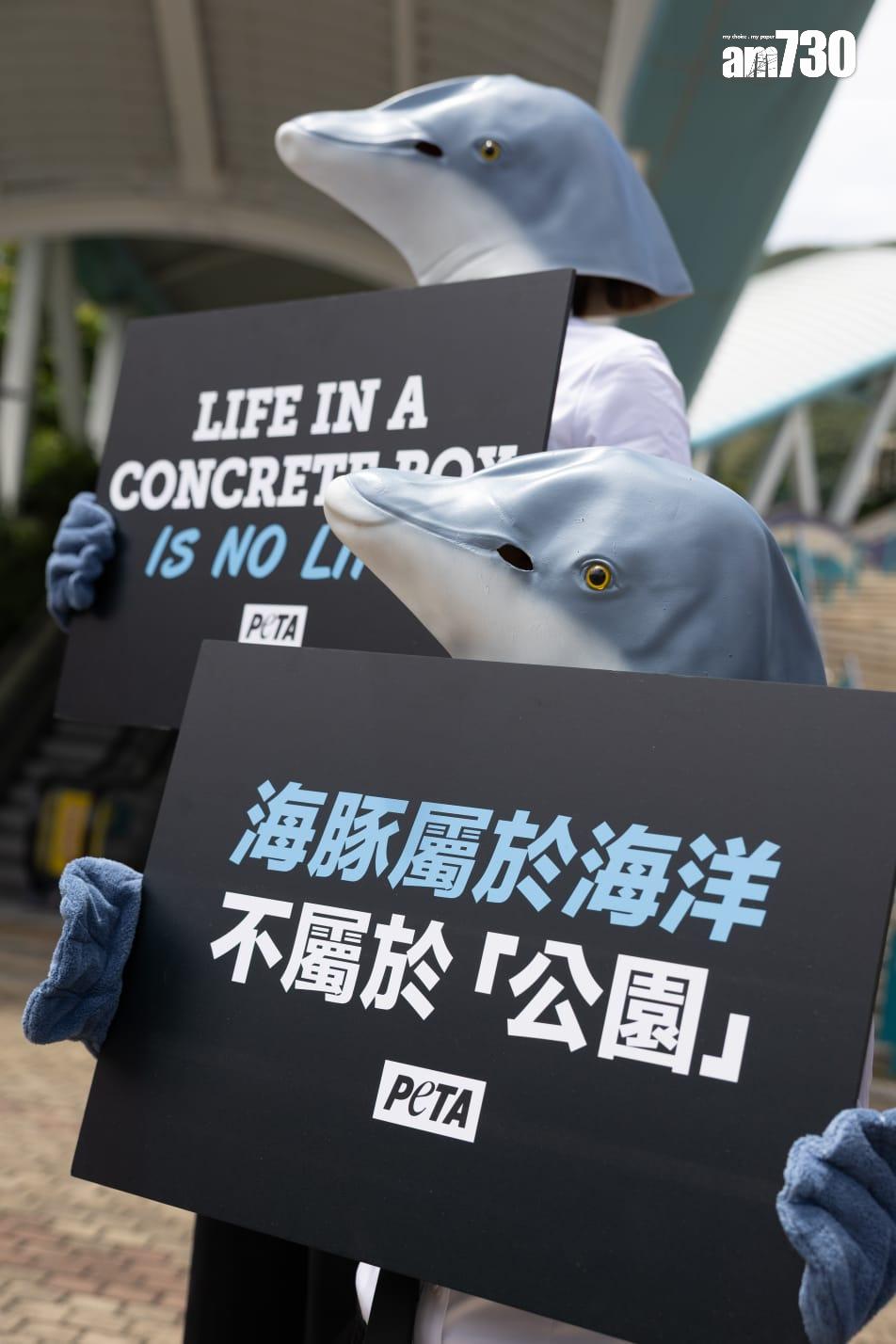 海洋公園外「海豚」集結,聲討園方違反承諾重辦海豚表演(蘇文傑攝)
