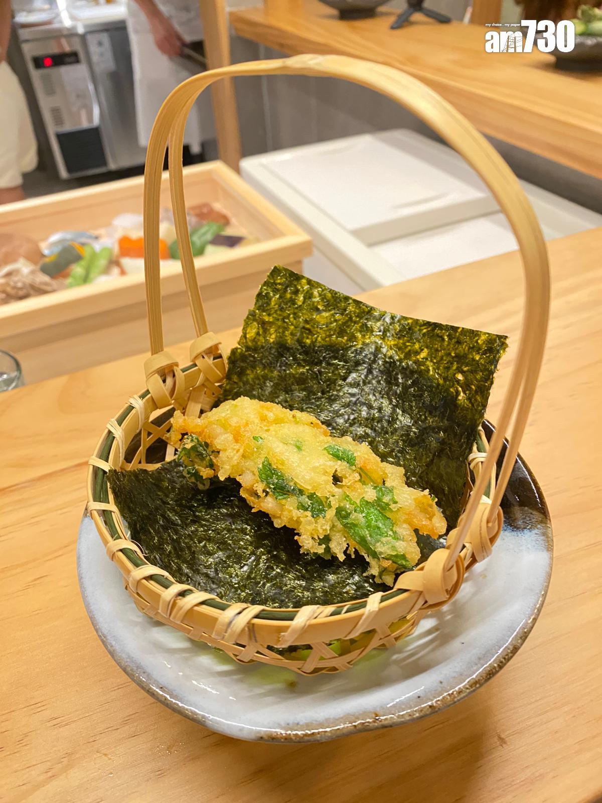 小柱貝雜錦天婦羅保留清淡貝味,用紫菜包住食更爽脆。