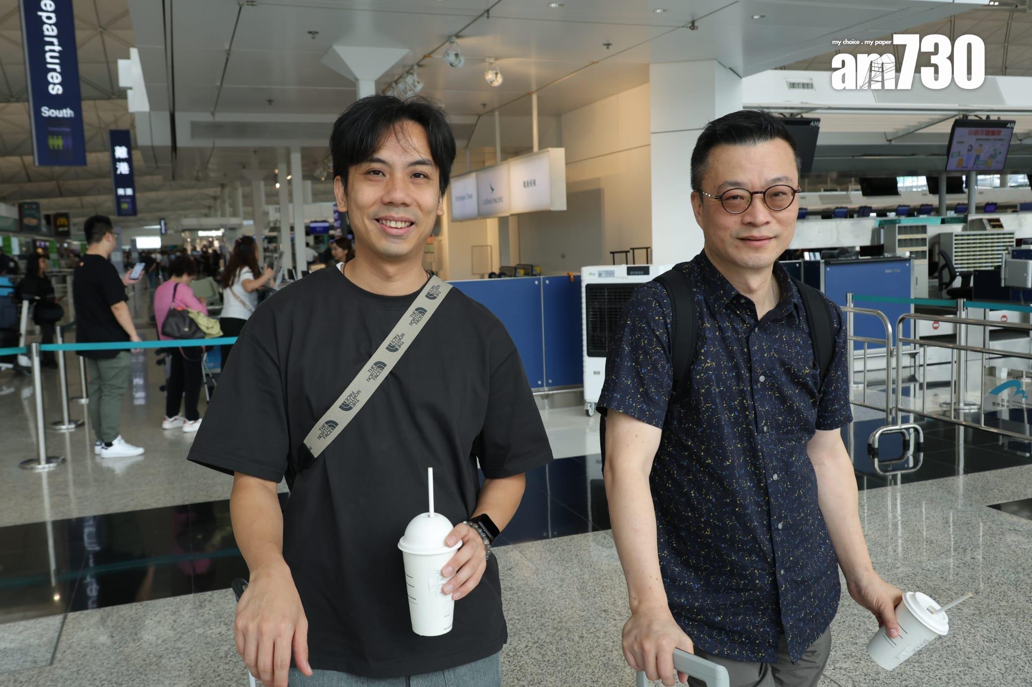 準備飛往杭州的Roy與Ringo表示延遲一個小時不算很多,且航空公司有提早通知。(林俊源攝)