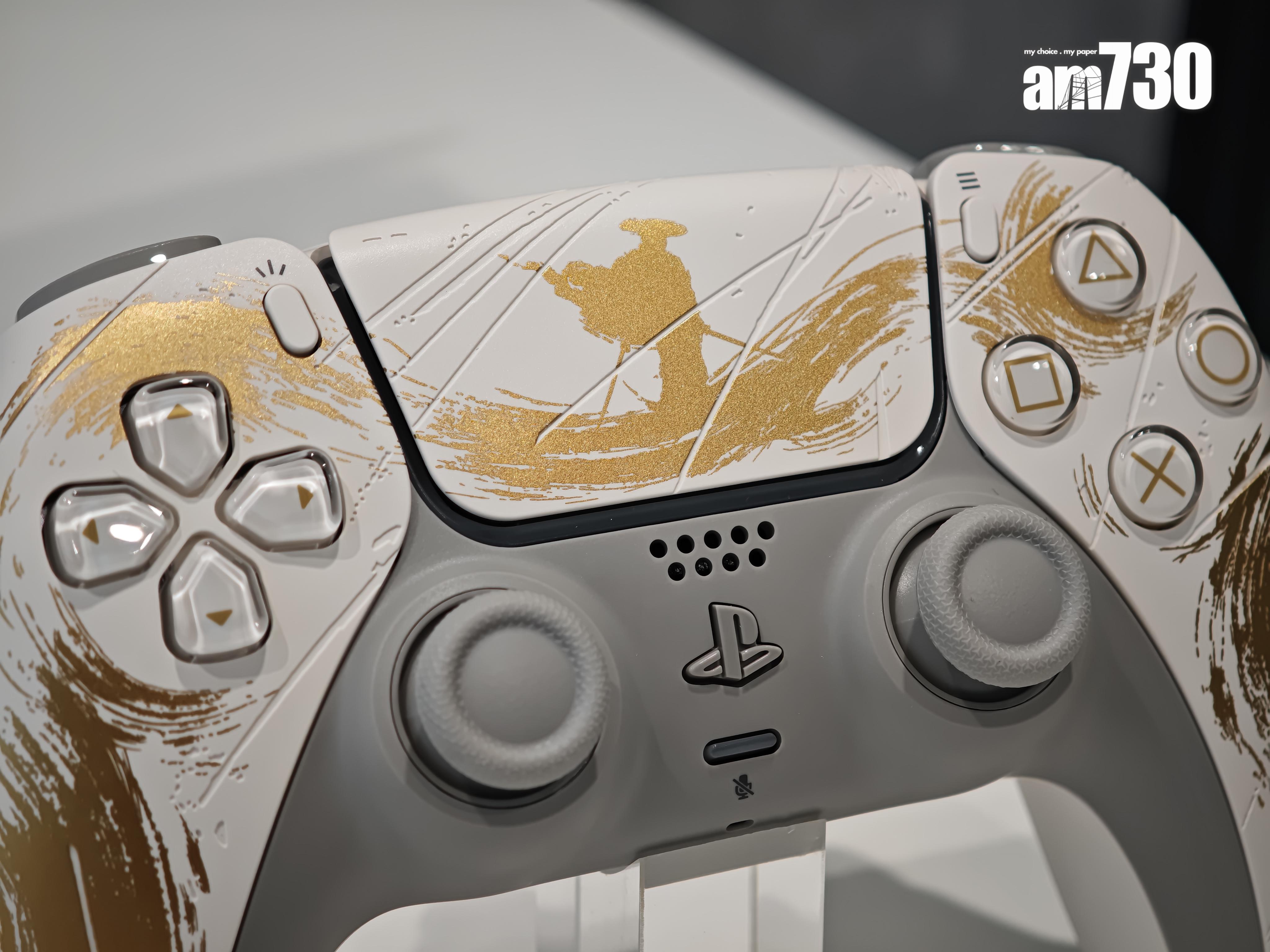 《羊蹄山戰鬼》黃金限量版DualSense無線控制器有主角剪影及水墨風圖案。