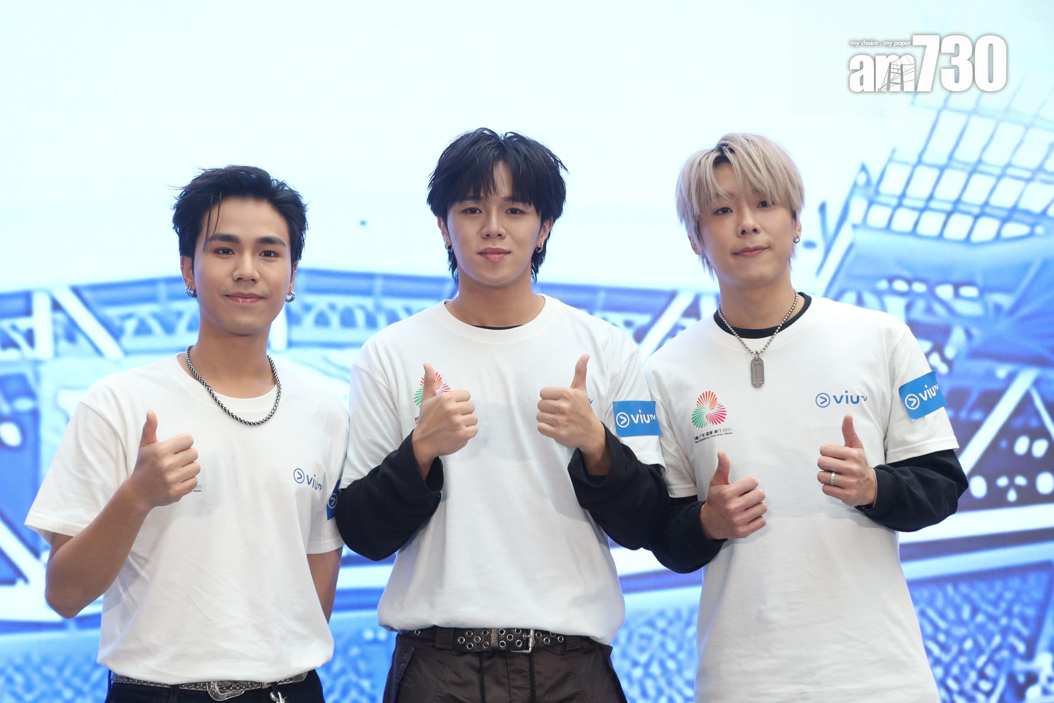 ROVER成員卓金樂(Kim)、雷濠權(Jason Loi)、王希晉昨日(21日)現身《十五運會》記者會。(娛樂組攝)