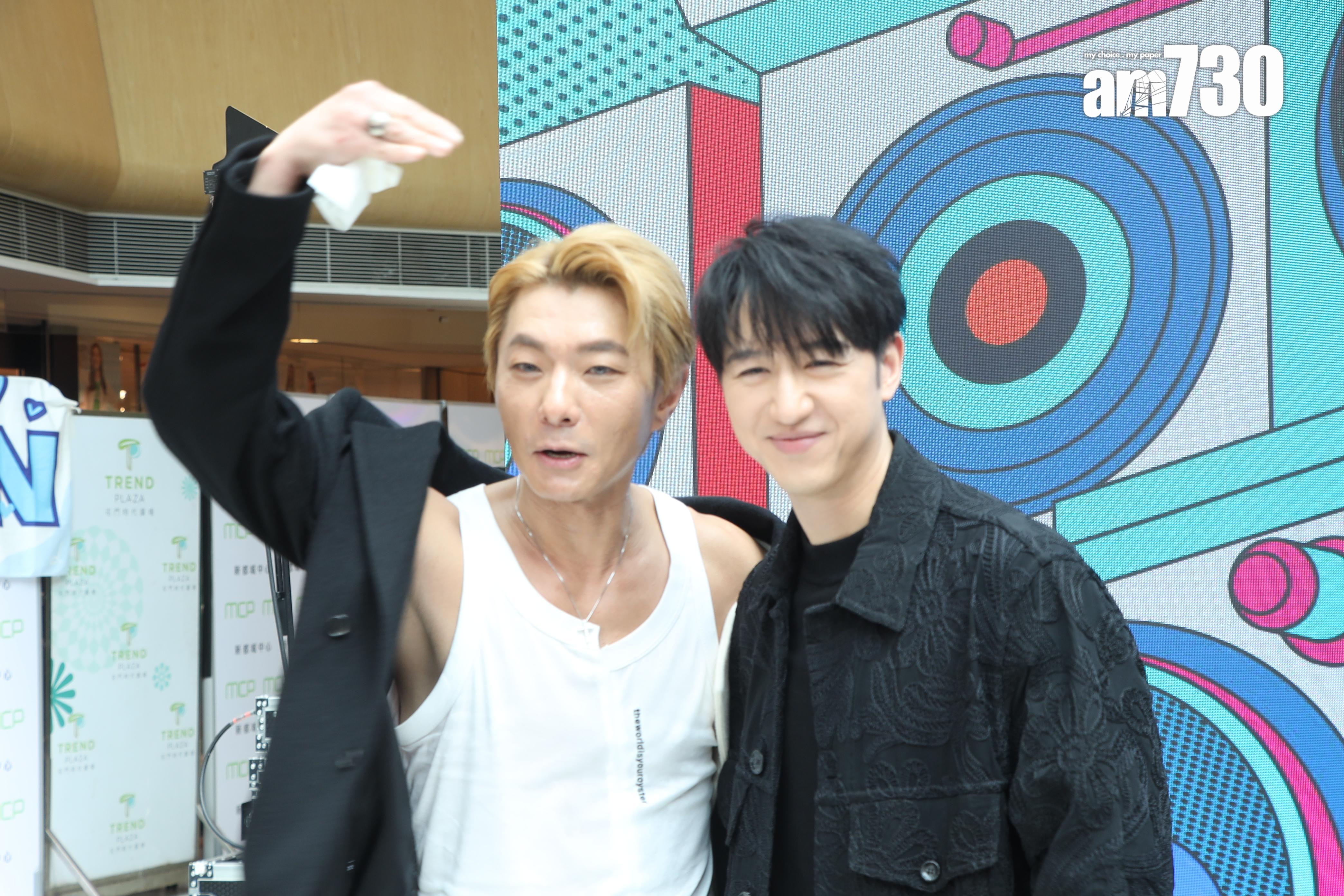 周國賢和馮允謙在室內受訪,但受陽光直照,弄得頭大汗。(娛樂組攝)